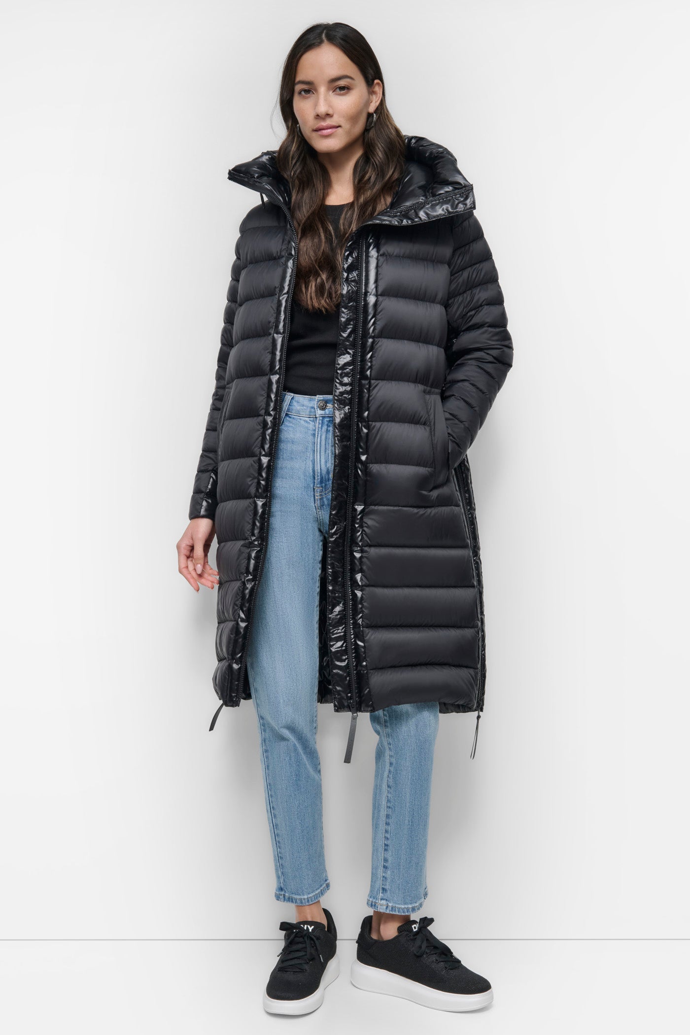 Black DOWN FILL HOODED ZIP FRONT QUILTED PUFFER, FRONT VIEW | Not Clearance or Preorder