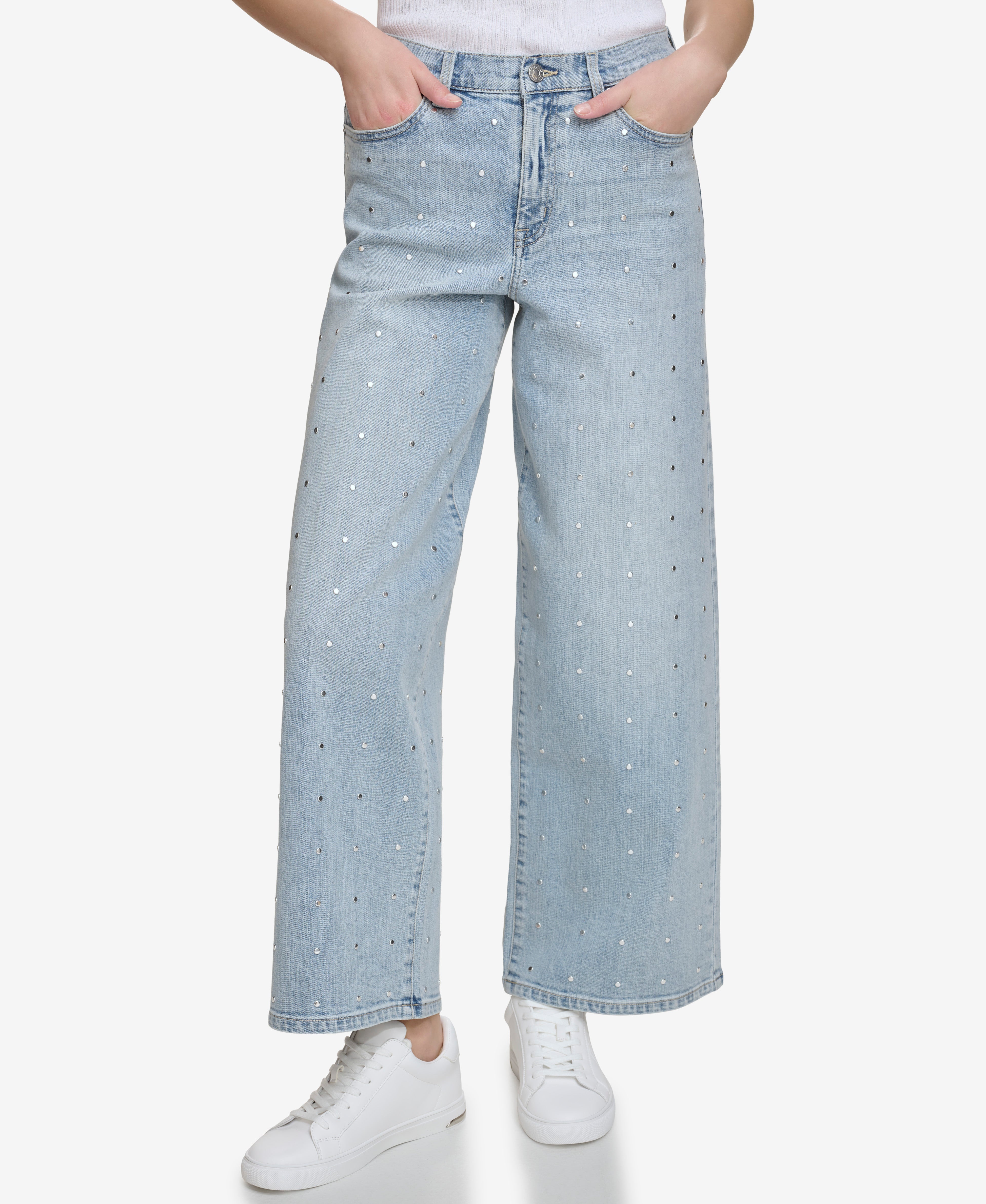 Atlantic HIGH Rise Length WIDE LEG WITH STUDS, FRONT VIEW | Denim Destination