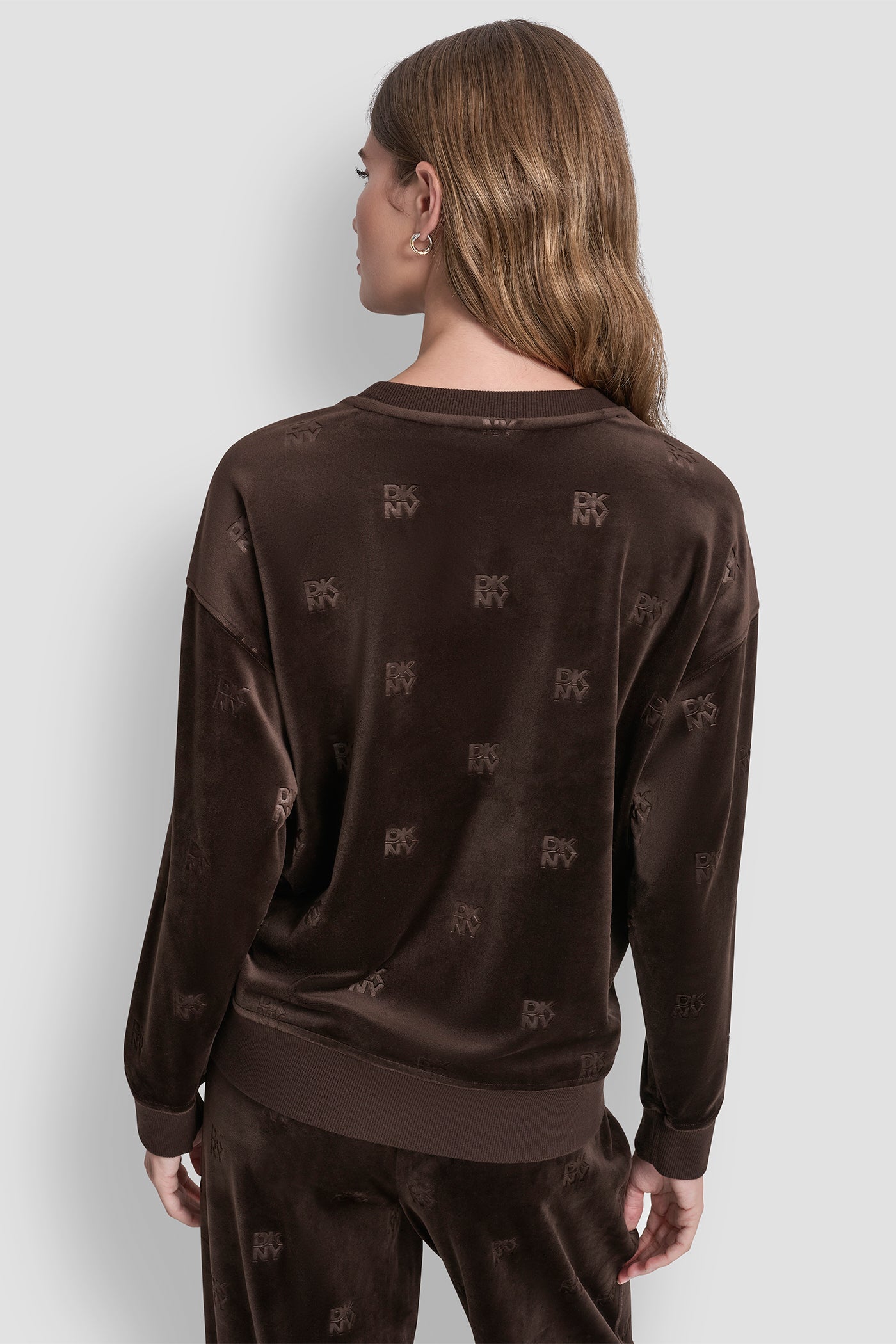 Espresso VELOUR DKNY ALL OVER PULLOVER, BACK VIEW | New clothing