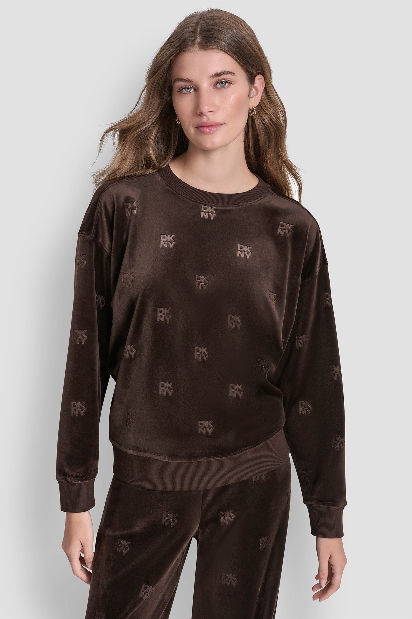 Espresso VELOUR DKNY ALL OVER PULLOVER, FRONT VIEW | New clothing