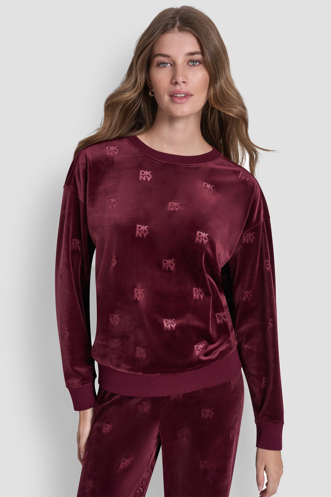 Syrah VELOUR DKNY ALL OVER PULLOVER, FRONT VIEW | Sweatshirts & Joggers