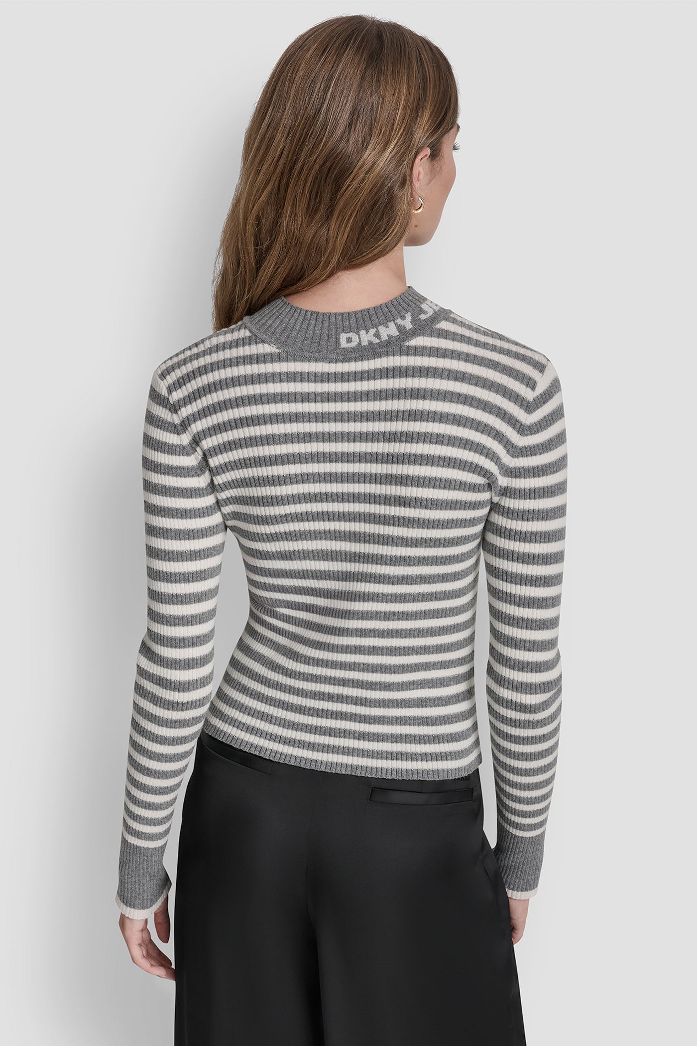 Storm Grey Heather/Ivory/Silver MOCK NECK RIB STRIPE LOGO SWEATER, BACK VIEW | Gifts Under $50