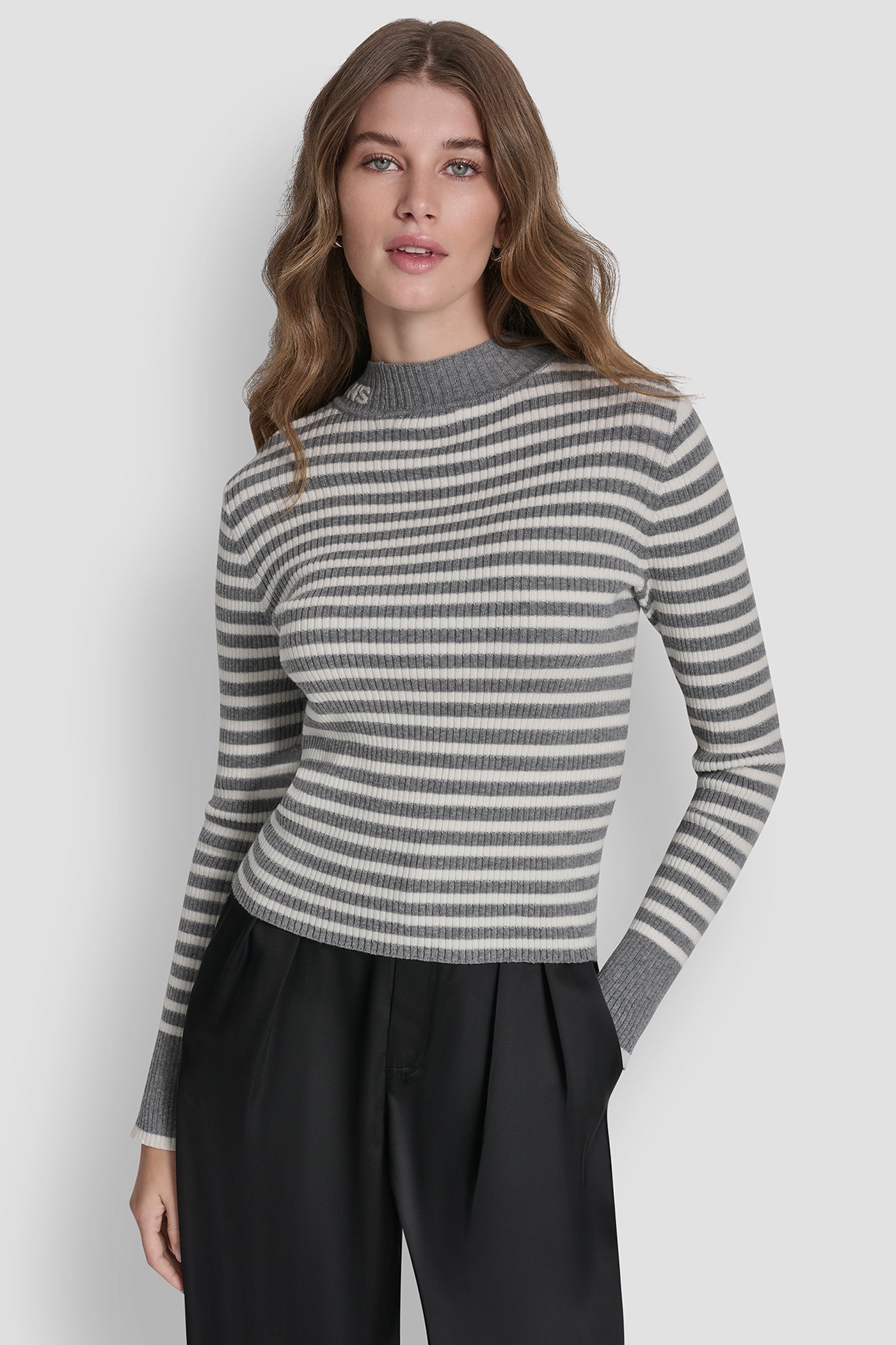 Storm Grey Heather/Ivory/Silver MOCK NECK RIB STRIPE LOGO SWEATER, FRONT VIEW | Gifts Under $50