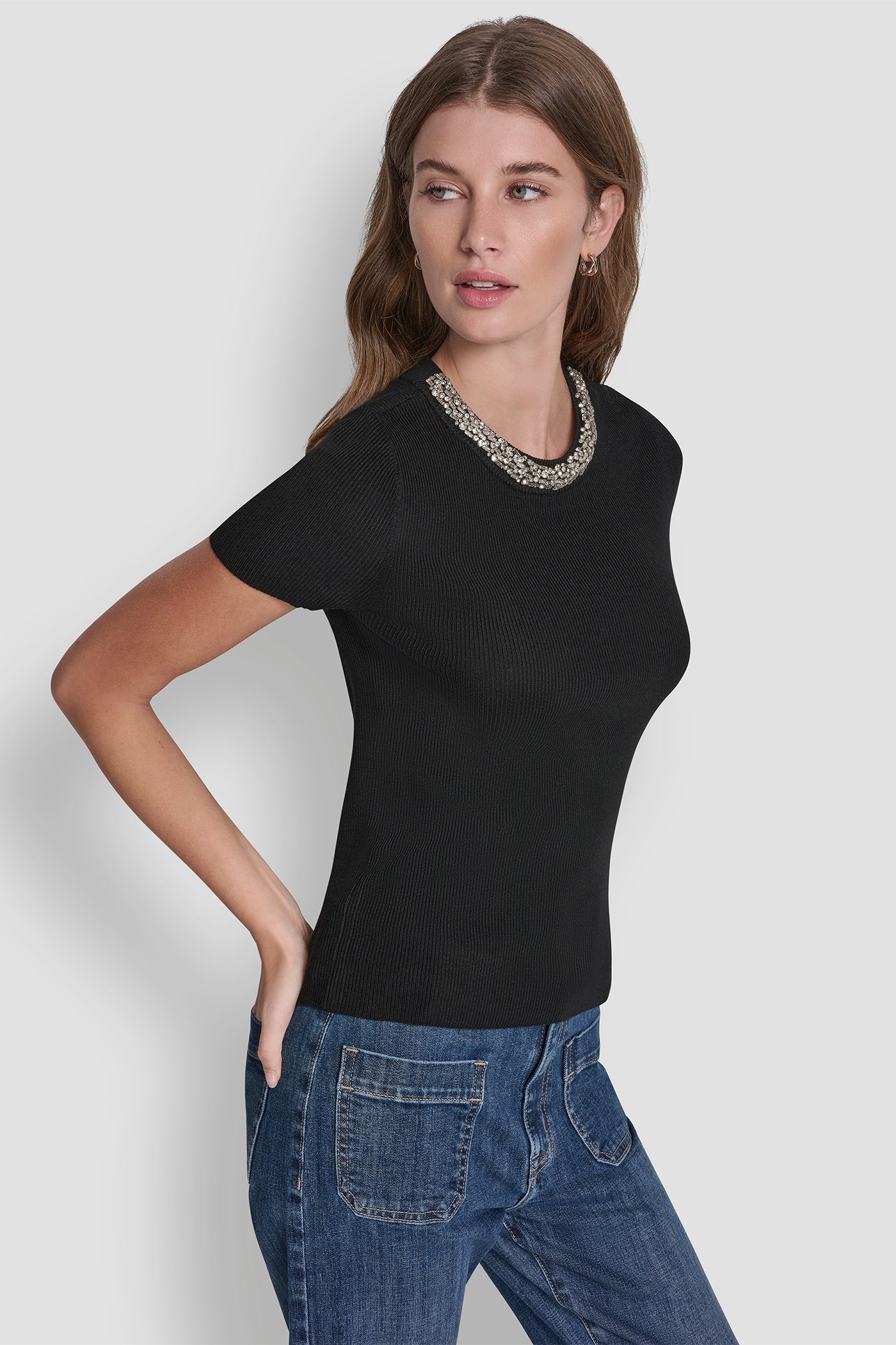 Black SWEATER WITH EMBELLISHED NECKLINE, VIEW 2 | DKNY JEANS