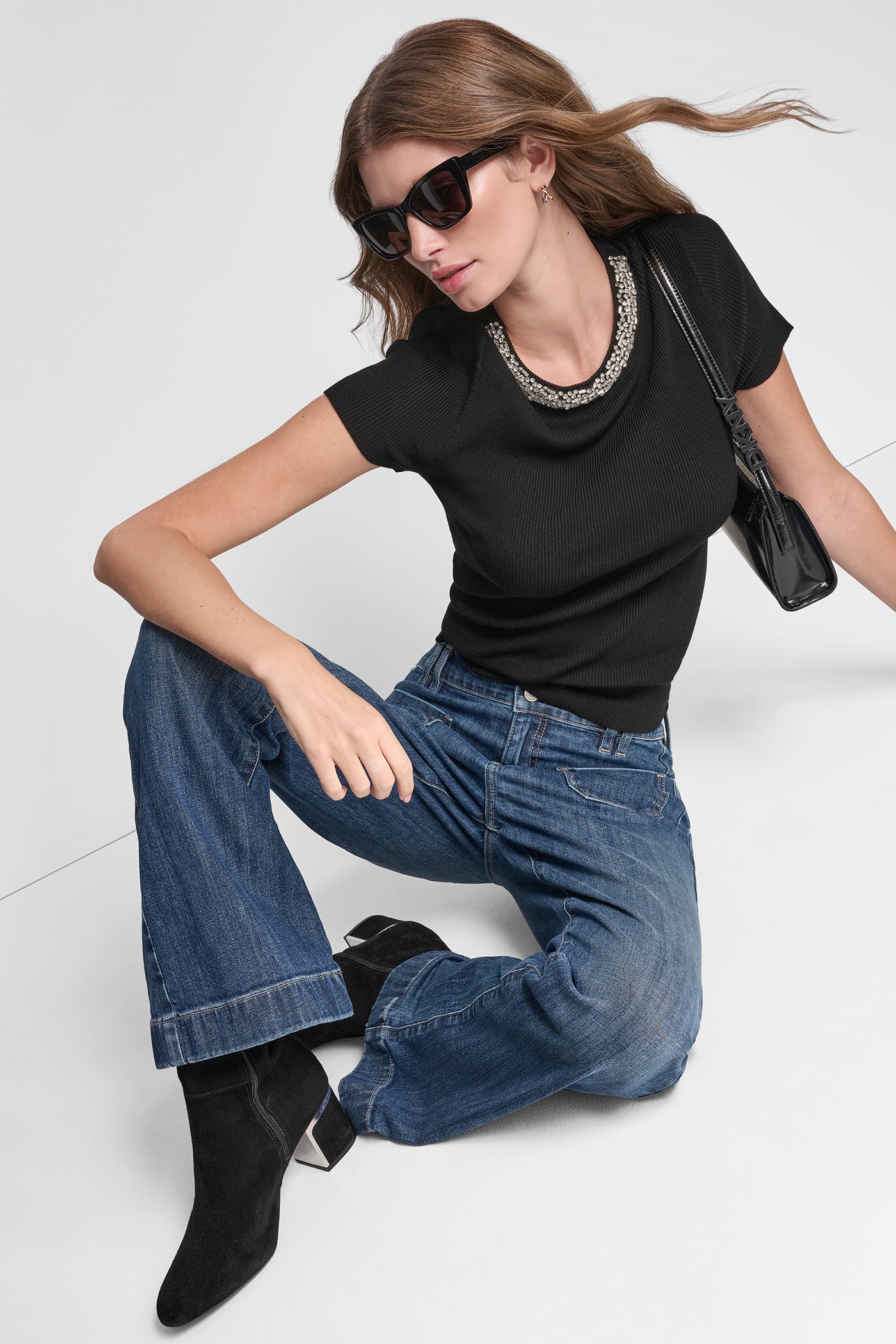 Black SWEATER WITH EMBELLISHED NECKLINE, VIEW 1 | DKNY JEANS