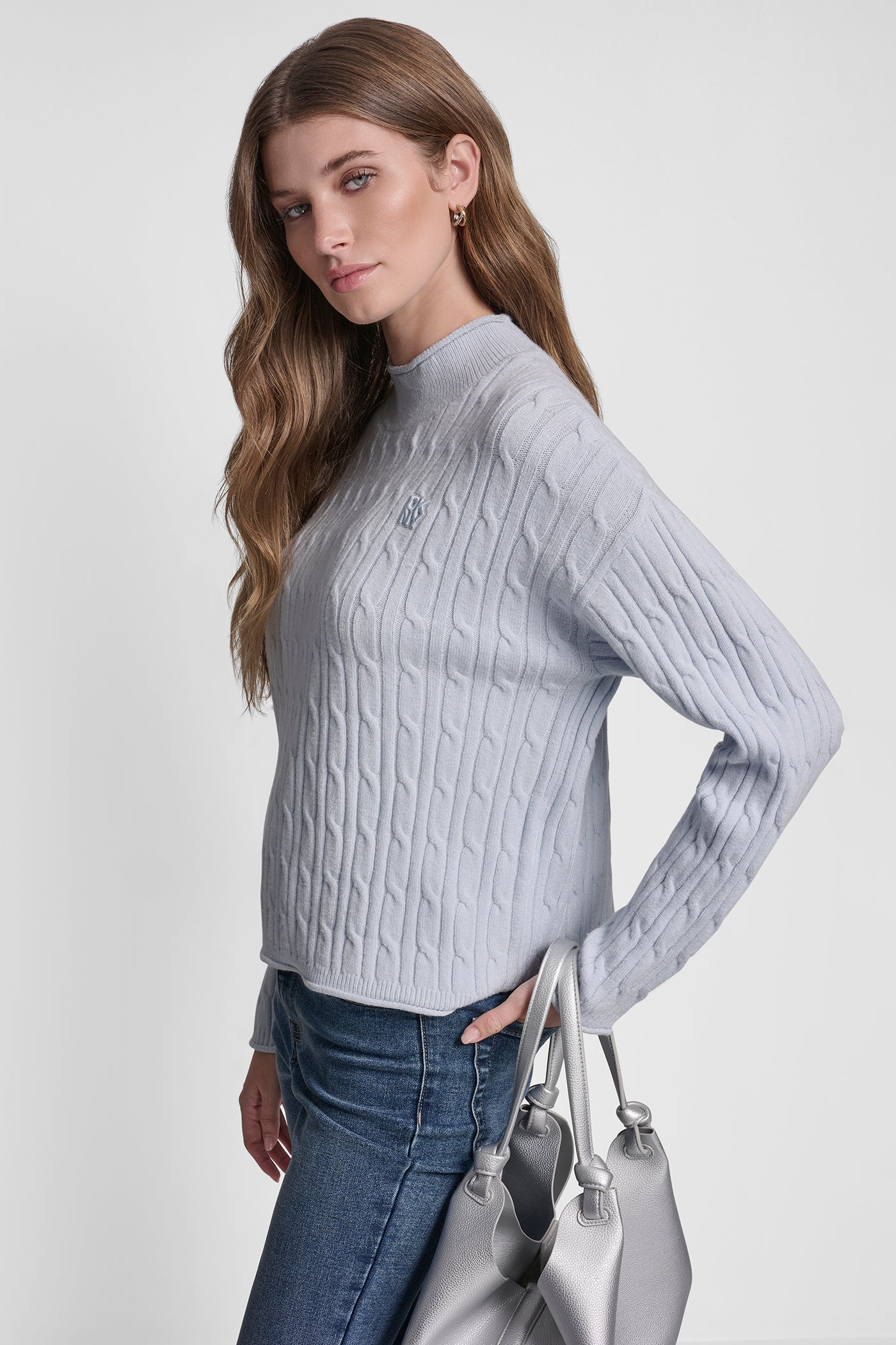 MOCK NECK DROP SHOULDER CABLE SWEATER VIEW 3 | Gifts Under $50