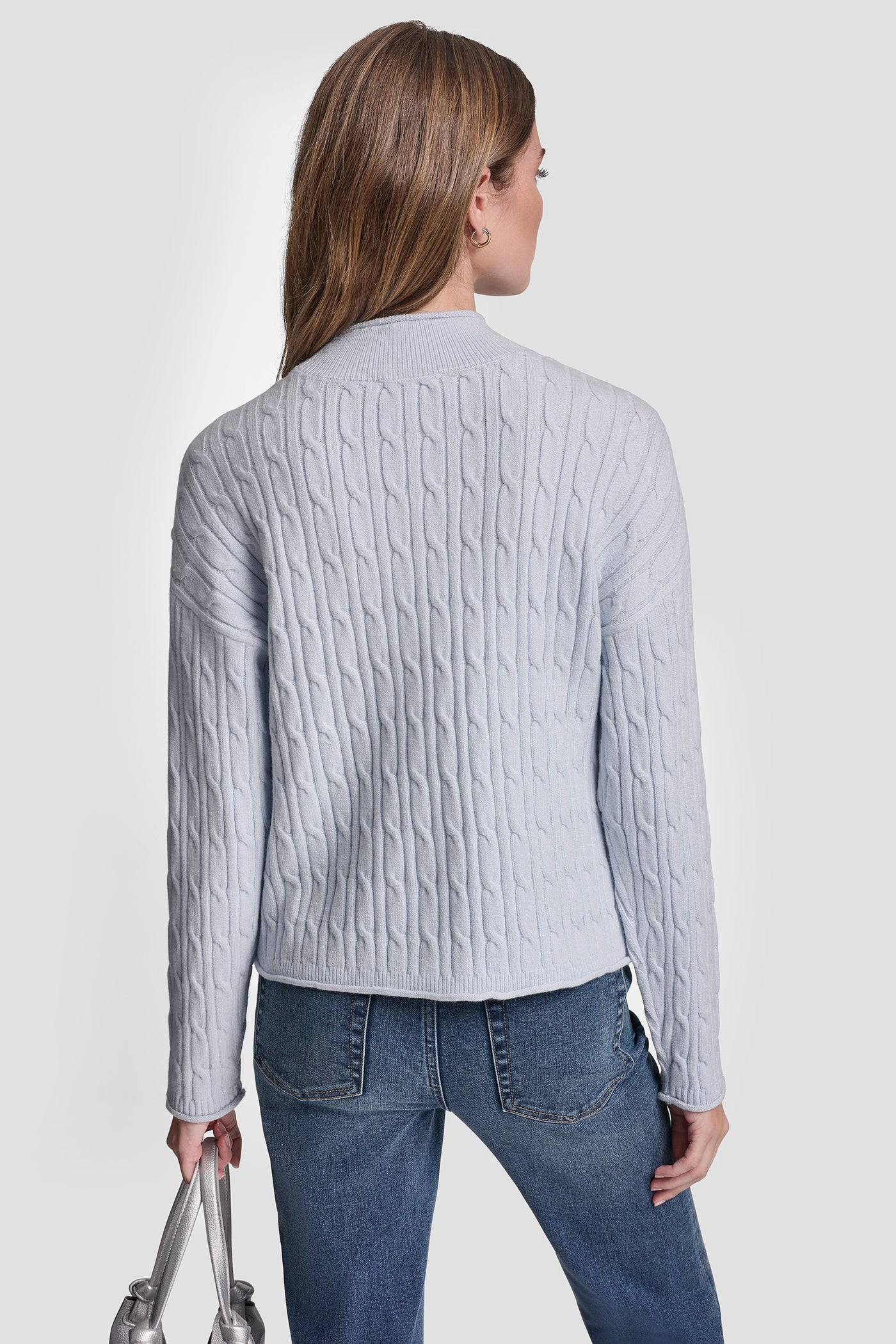 Frost Blue/Silver MOCK NECK DROP SHOULDER CABLE SWEATER, VIEW 2 | Gifts Under $50