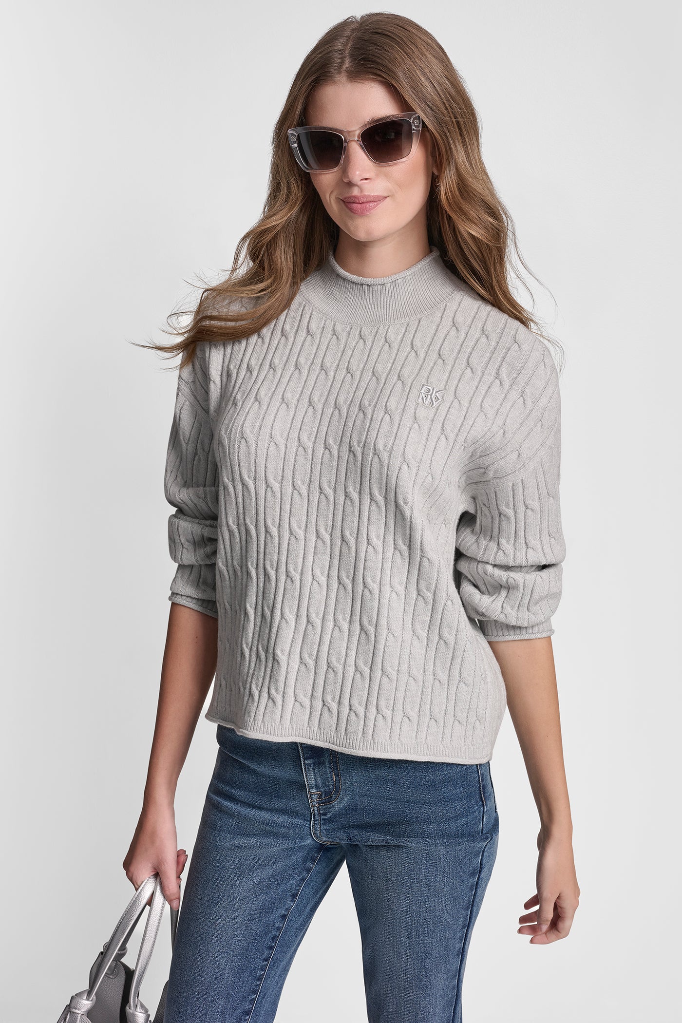 Sky Grey Heather/Silver MOCK NECK DROP SHOULDER CABLE SWEATER, VIEW 1 | All Products