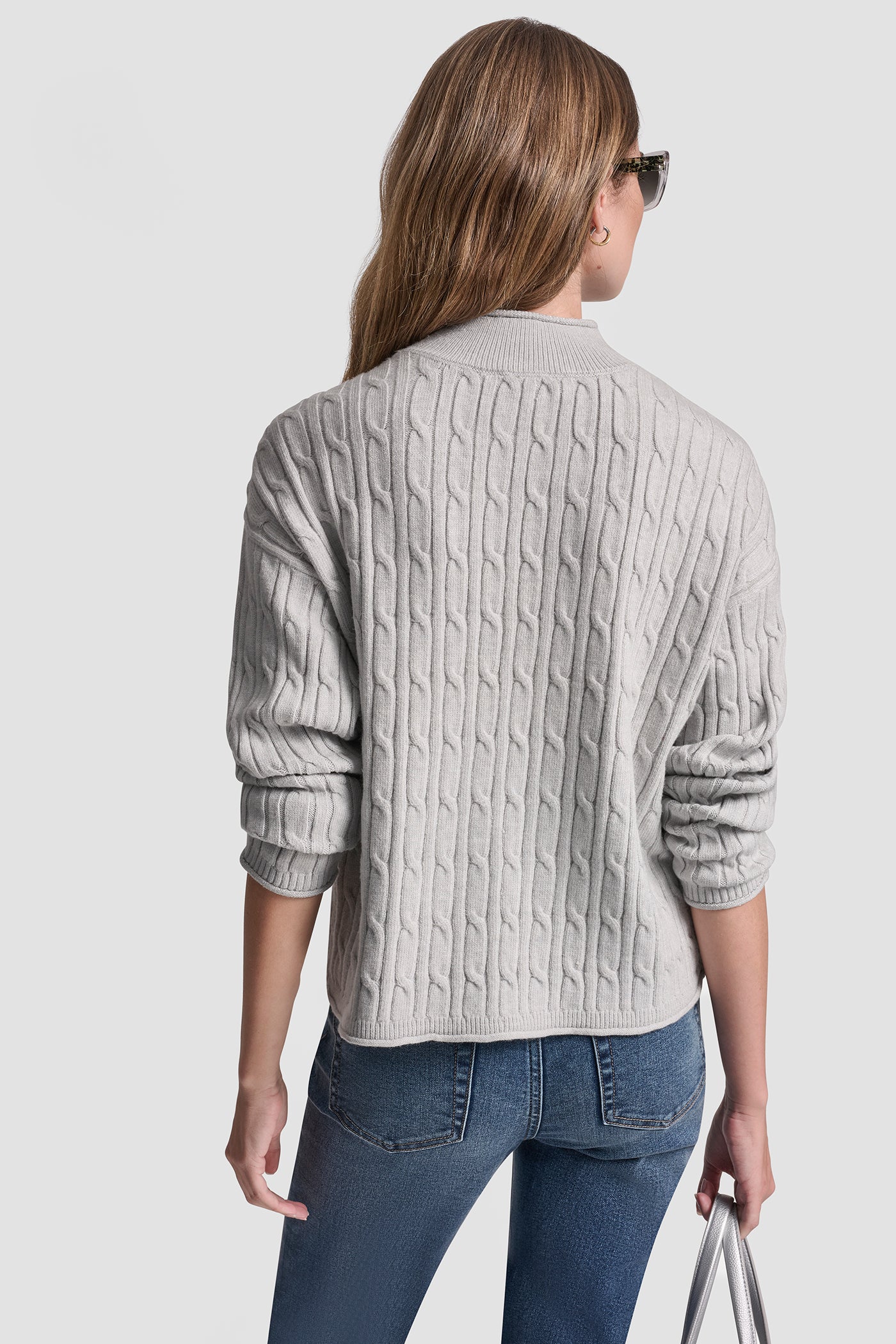 Sky Grey Heather/Silver MOCK NECK DROP SHOULDER CABLE SWEATER, VIEW 2 | All Products