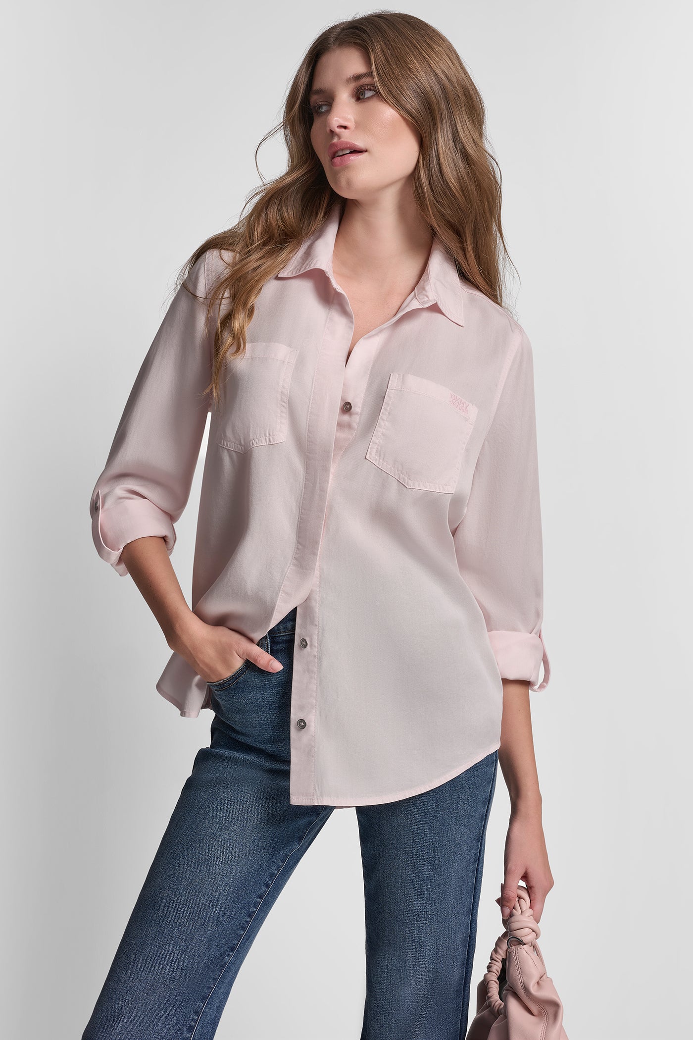 Pink Moon SPLIT BACK BUTTON FRONT WITH ROLL TAB, VIEW 1 | WOMEN'S SWEATERS & TOPS
