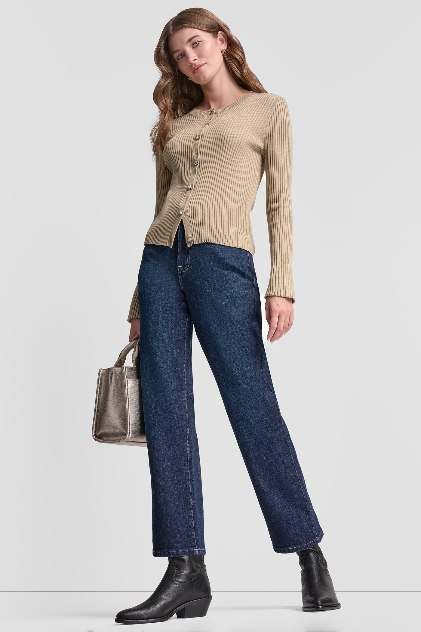 FLARE SLEEVE CARDIGAN WITH RHINESTONE BUTTON VIEW 5 | DKNY JEANS