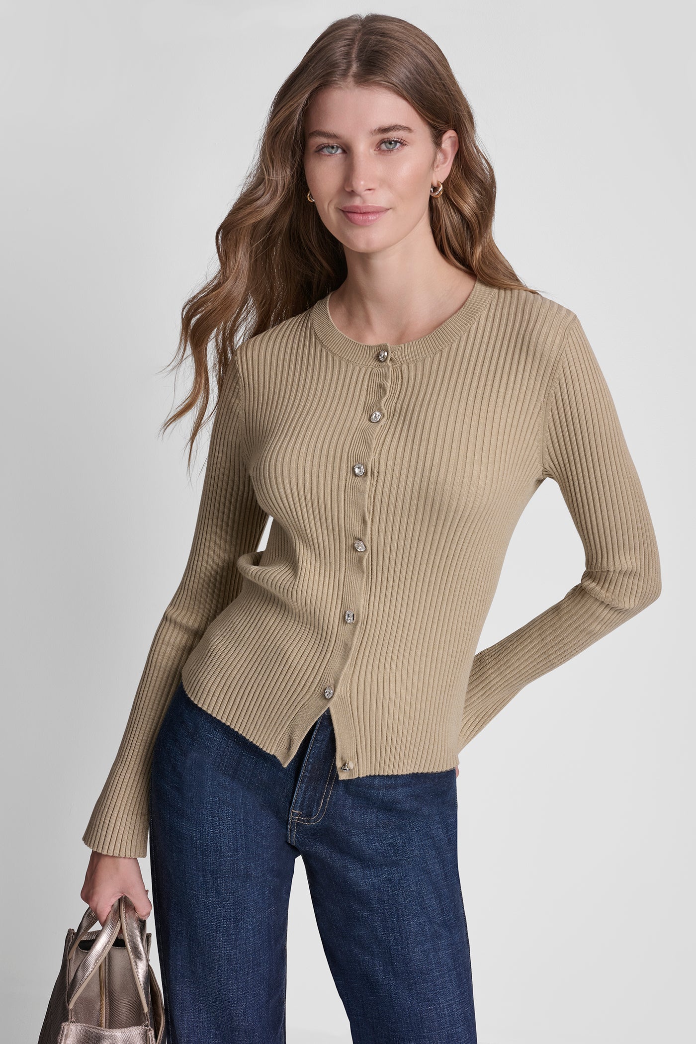 Travertine FLARE SLEEVE CARDIGAN WITH RHINESTONE BUTTON, VIEW 1 | DKNY JEANS