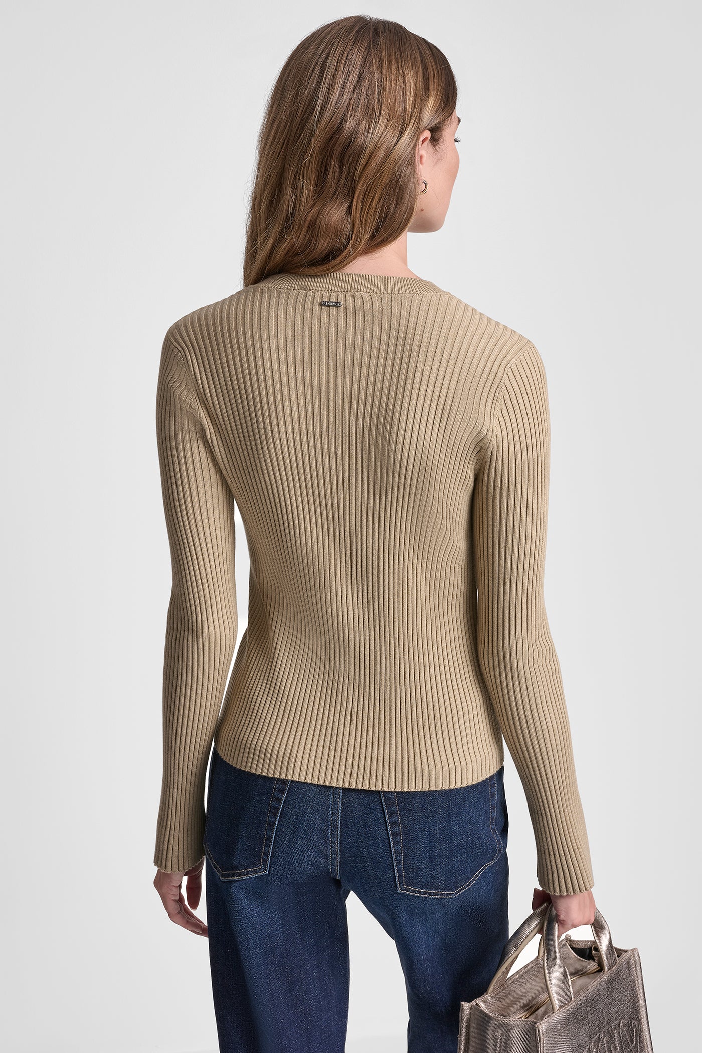 Travertine FLARE SLEEVE CARDIGAN WITH RHINESTONE BUTTON, VIEW 2 | DKNY JEANS