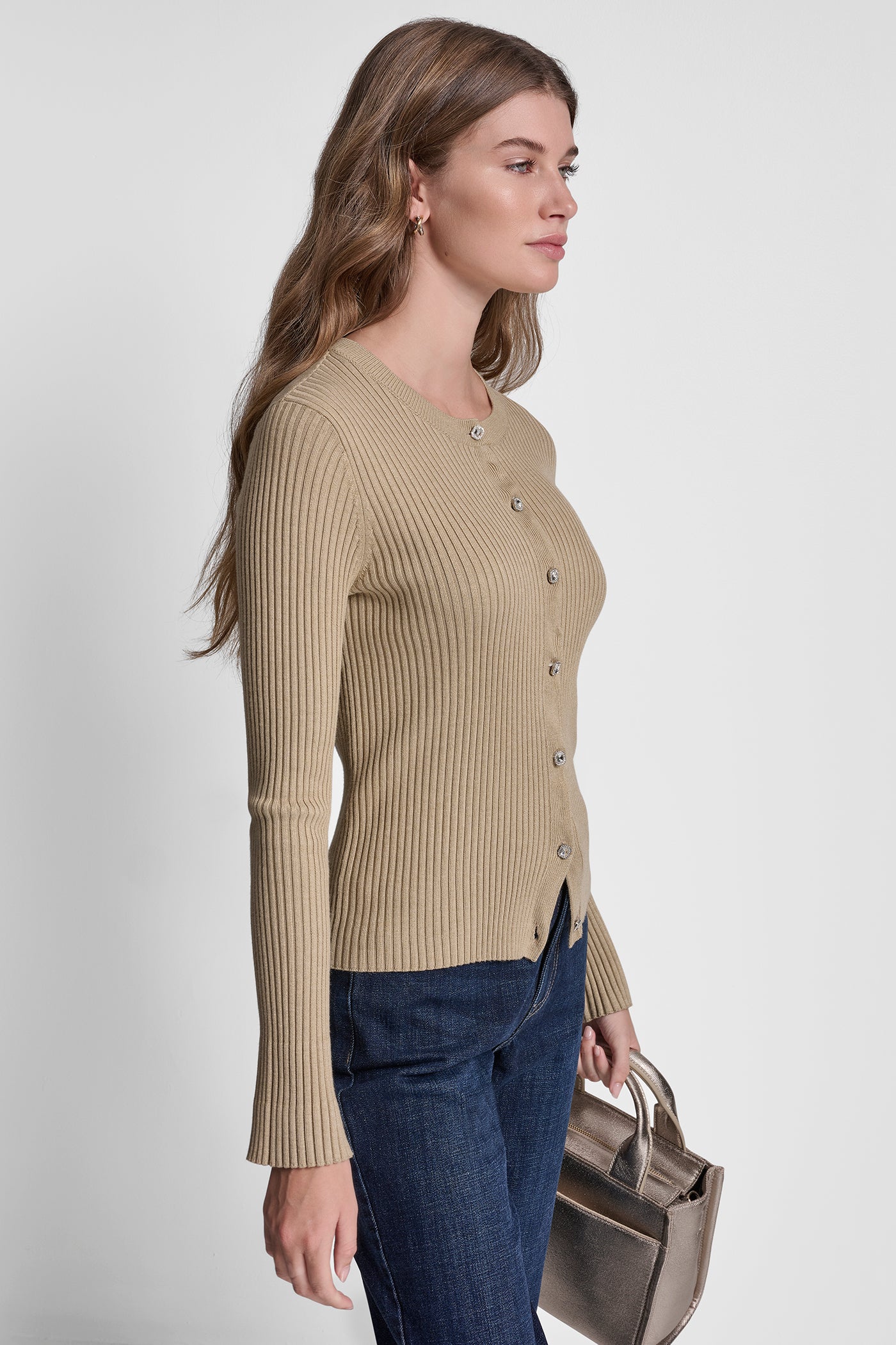 FLARE SLEEVE CARDIGAN WITH RHINESTONE BUTTON VIEW 3 | DKNY JEANS