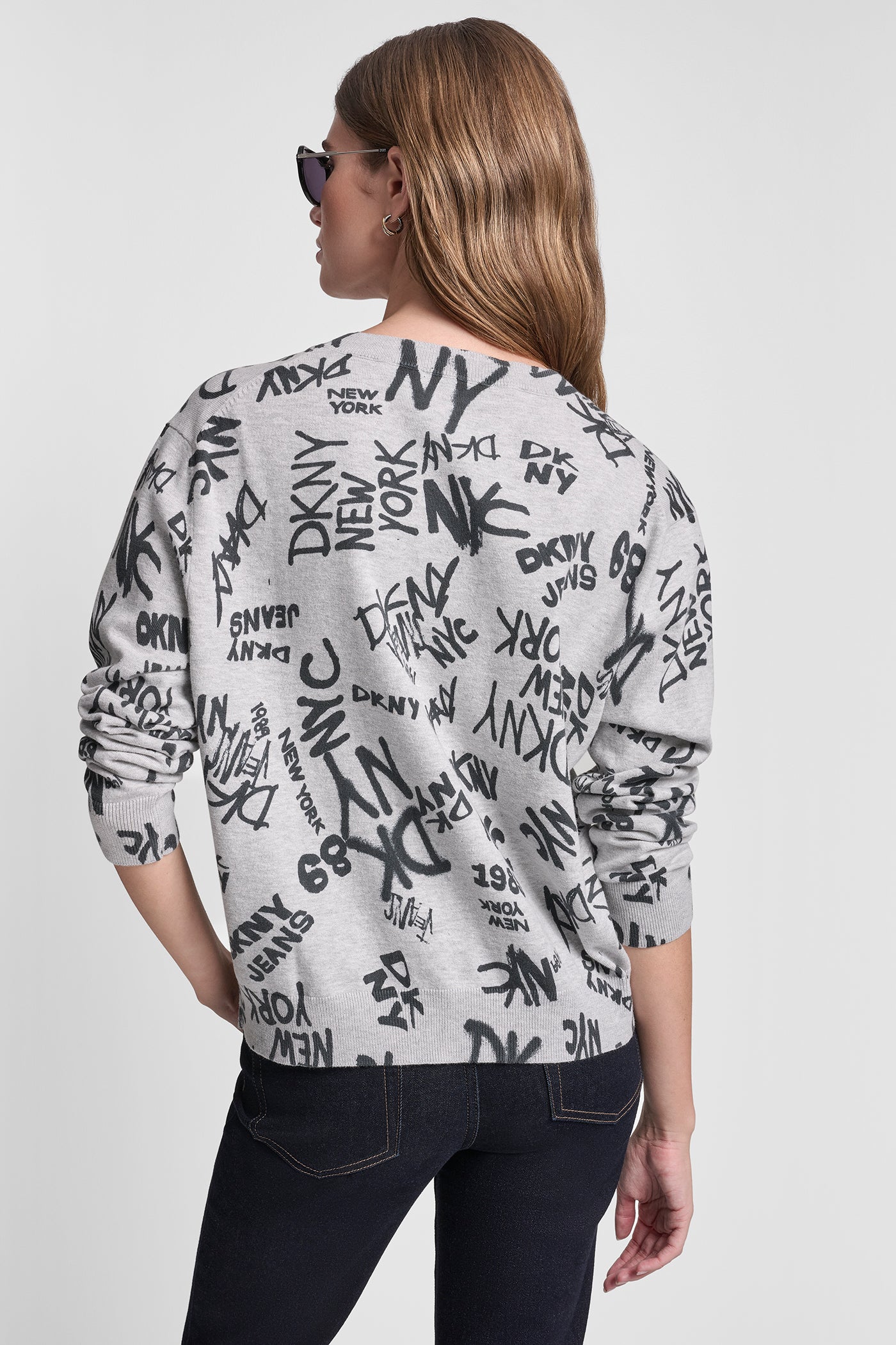 Sky Grey Heather LOGO PRINTED V NECK PULLOVER, VIEW 2 | DKNY JEANS