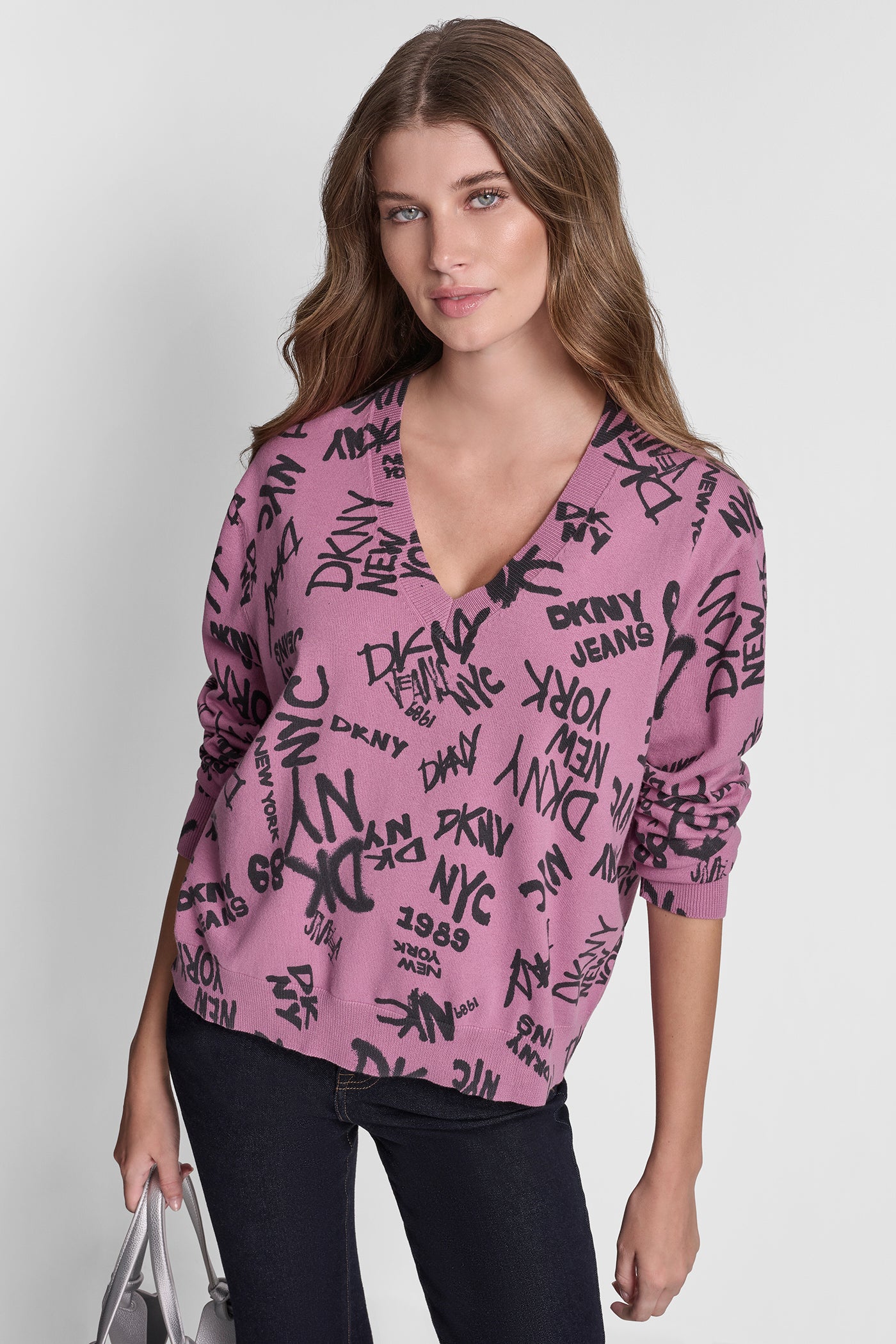 Dusty Orchid LOGO PRINTED V-NECK PULLOVER, VIEW 1 | DKNY JEANS