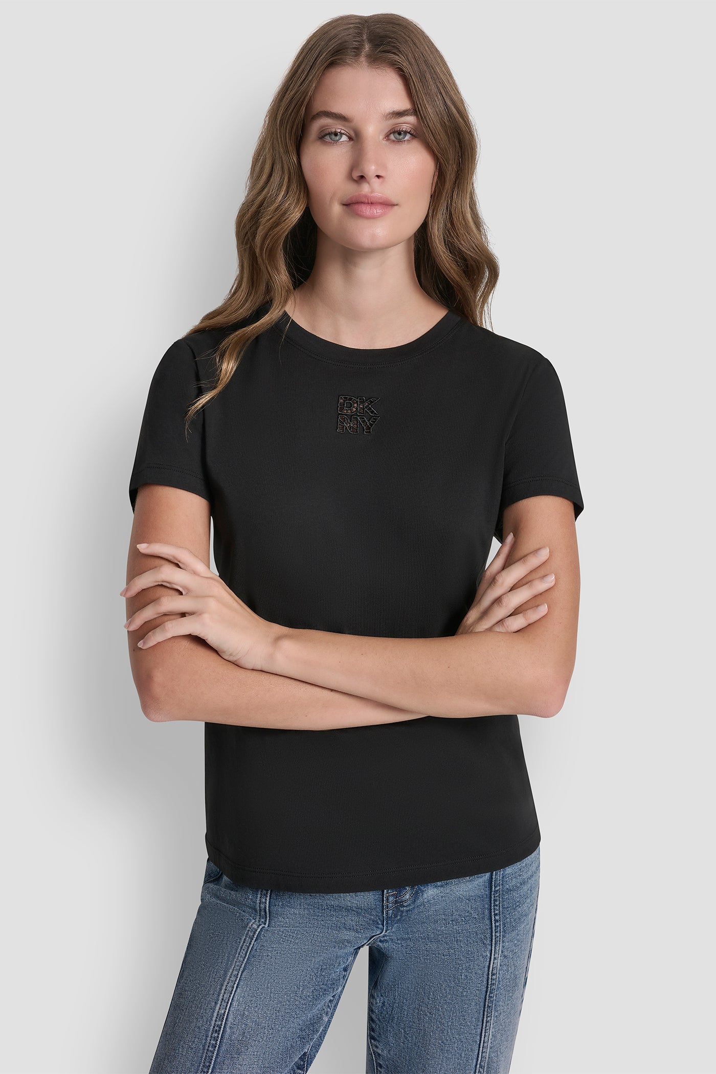 Black/Black DKNY STACKED EYELET LOGO TEE, VIEW 2 | All Products