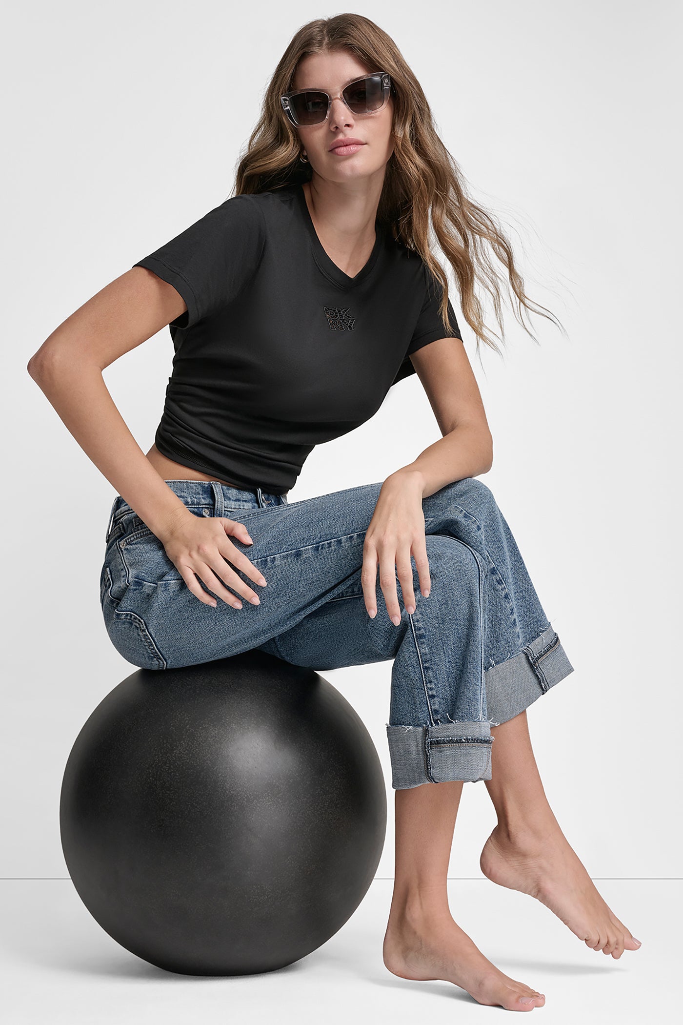 Black/Black DKNY STACKED EYELET LOGO TEE, VIEW 1 | All Products