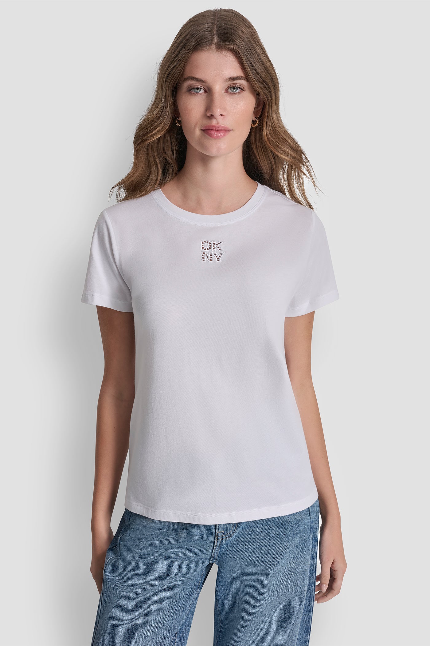 White/White DKNY STACKED EYELET LOGO TEE, VIEW 2 | All Products