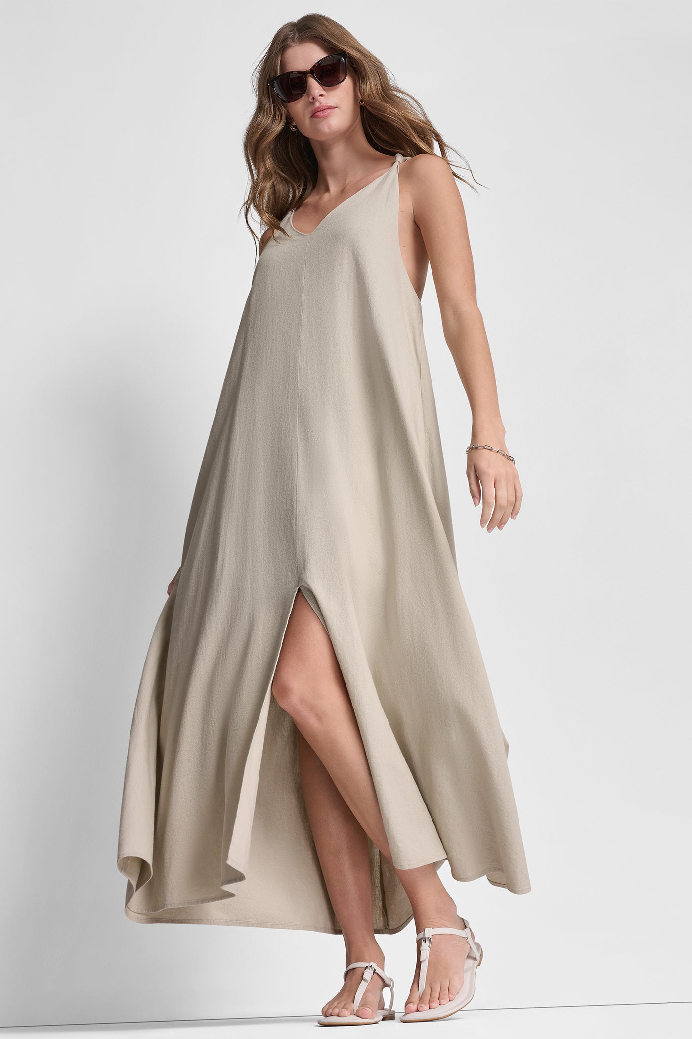 LINEN-BLEND TIE BACK MAXI DRESS - Pebble / XXS LINEN-BLEND TIE BACK MAXI DRESS - Pebble / XXS