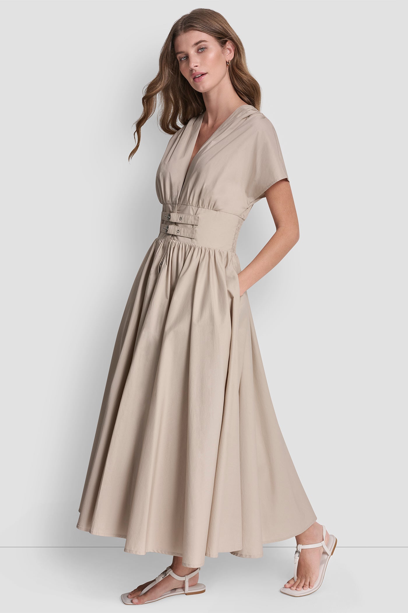 SMOCKED MIDI DRESS WITH BUCKLE VIEW 4 | Clothing