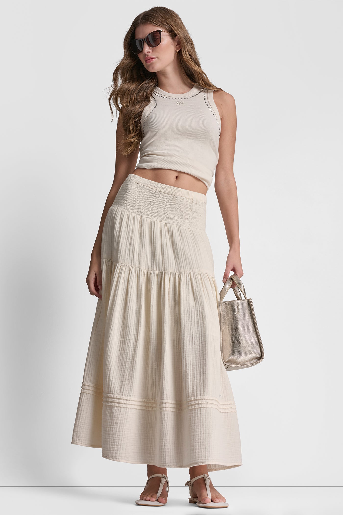 Eggnog SMOCKED WAIST MAXI TIERED SKIRT, VIEW 1 | The Vacation Edit