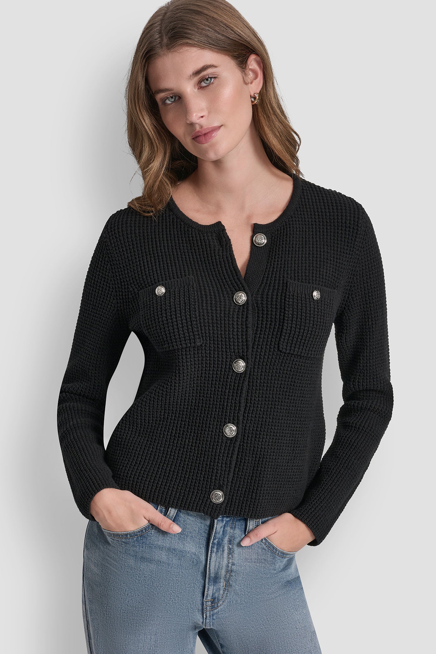 Black TUCK STITCH CREW NECK CARDIGAN, FRONT VIEW | DKNY JEANS