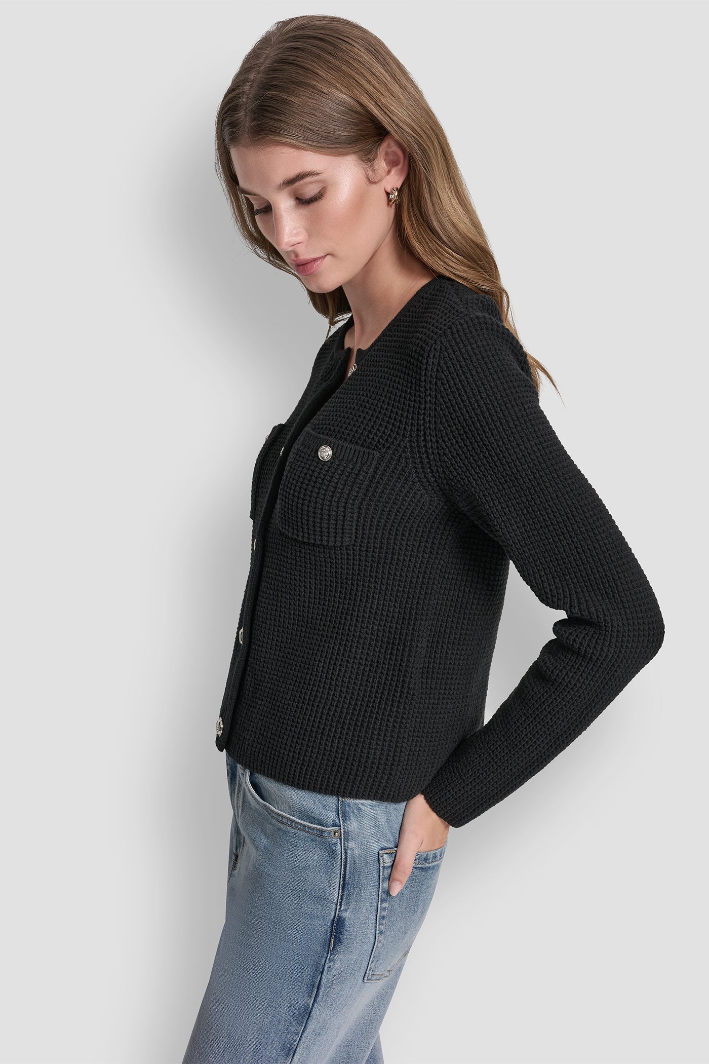 TUCK STITCH CREW NECK CARDIGAN VIEW 3 | DKNY JEANS