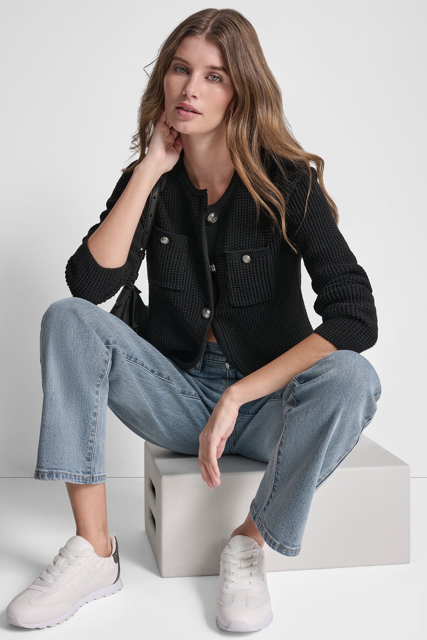 Tuck Stitch Crew Neck Cardigan | Cardigan | DKNY