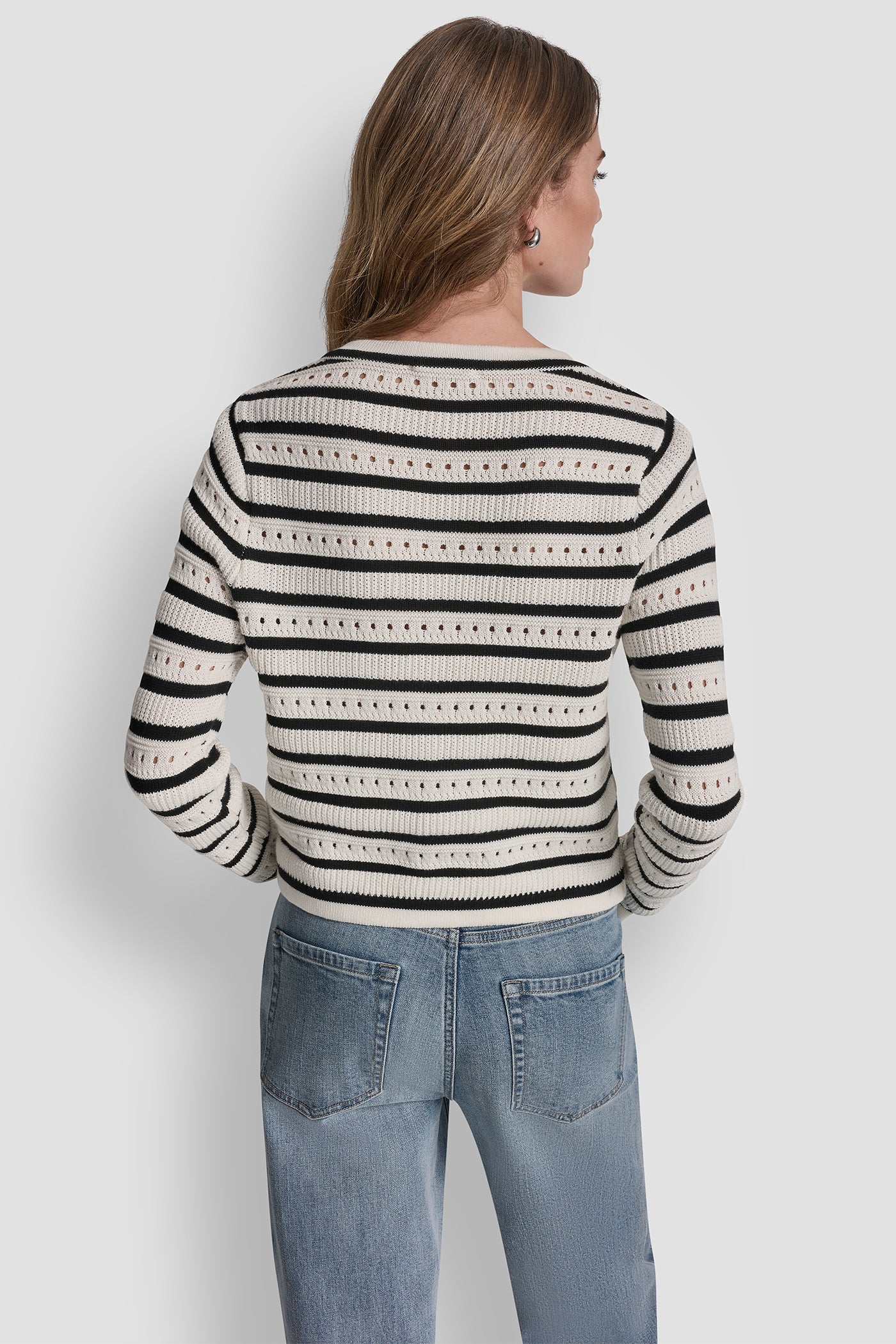 Ivory/Black POINTELLE STRIPED CARDIGAN, BACK VIEW | All Products