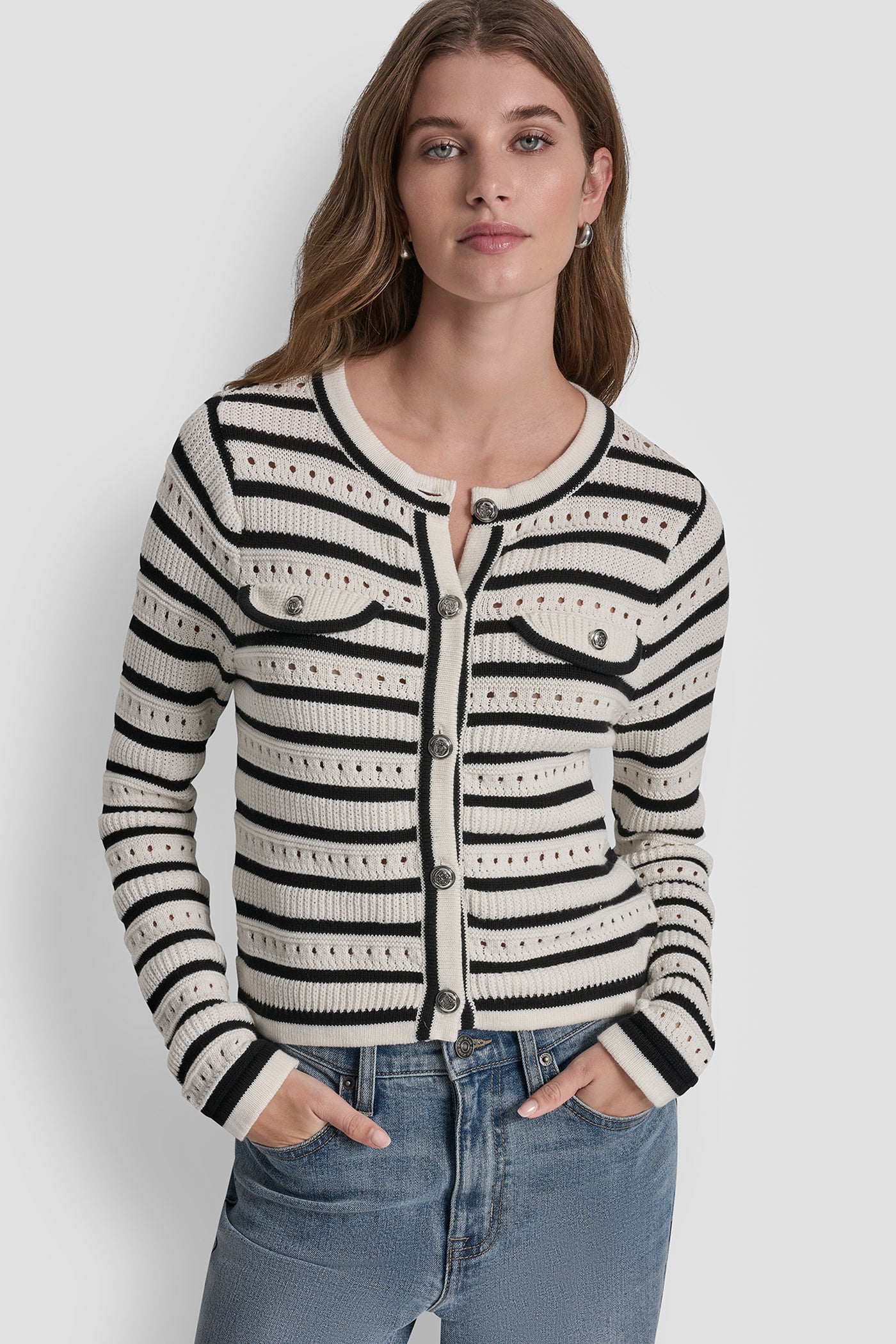 Ivory/Black POINTELLE STRIPED CARDIGAN, FRONT VIEW | All Products