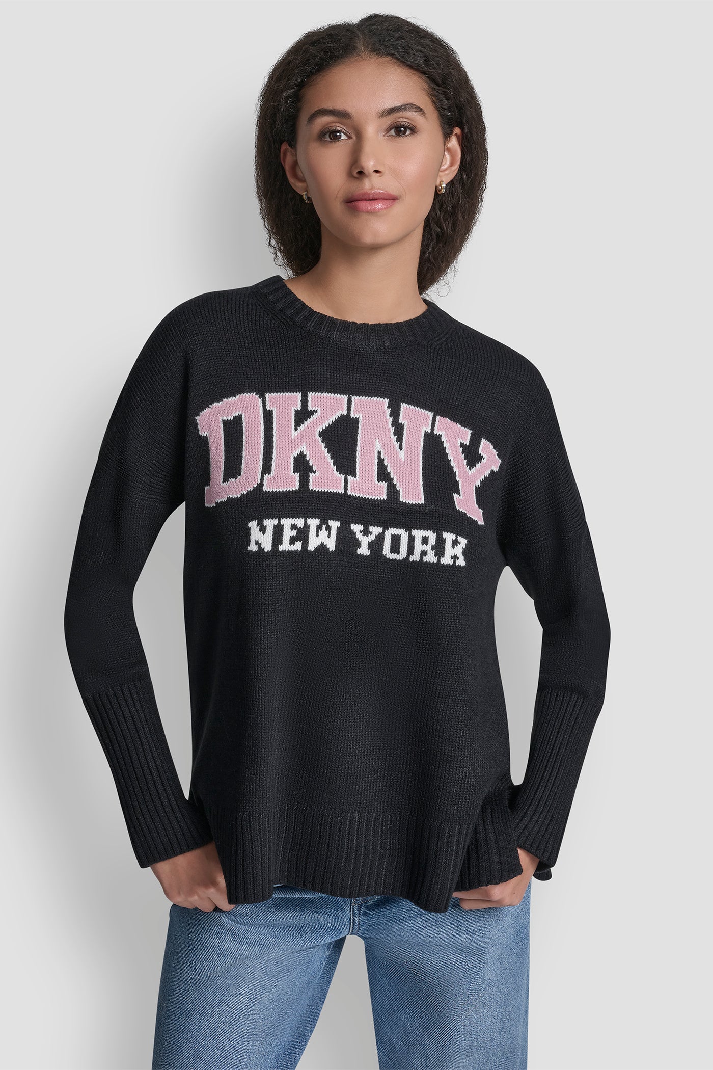 VARSITY LOGO INTARSIA CREW NECK RELAXED SWEATER VIEW 3 | DKNY JEANS