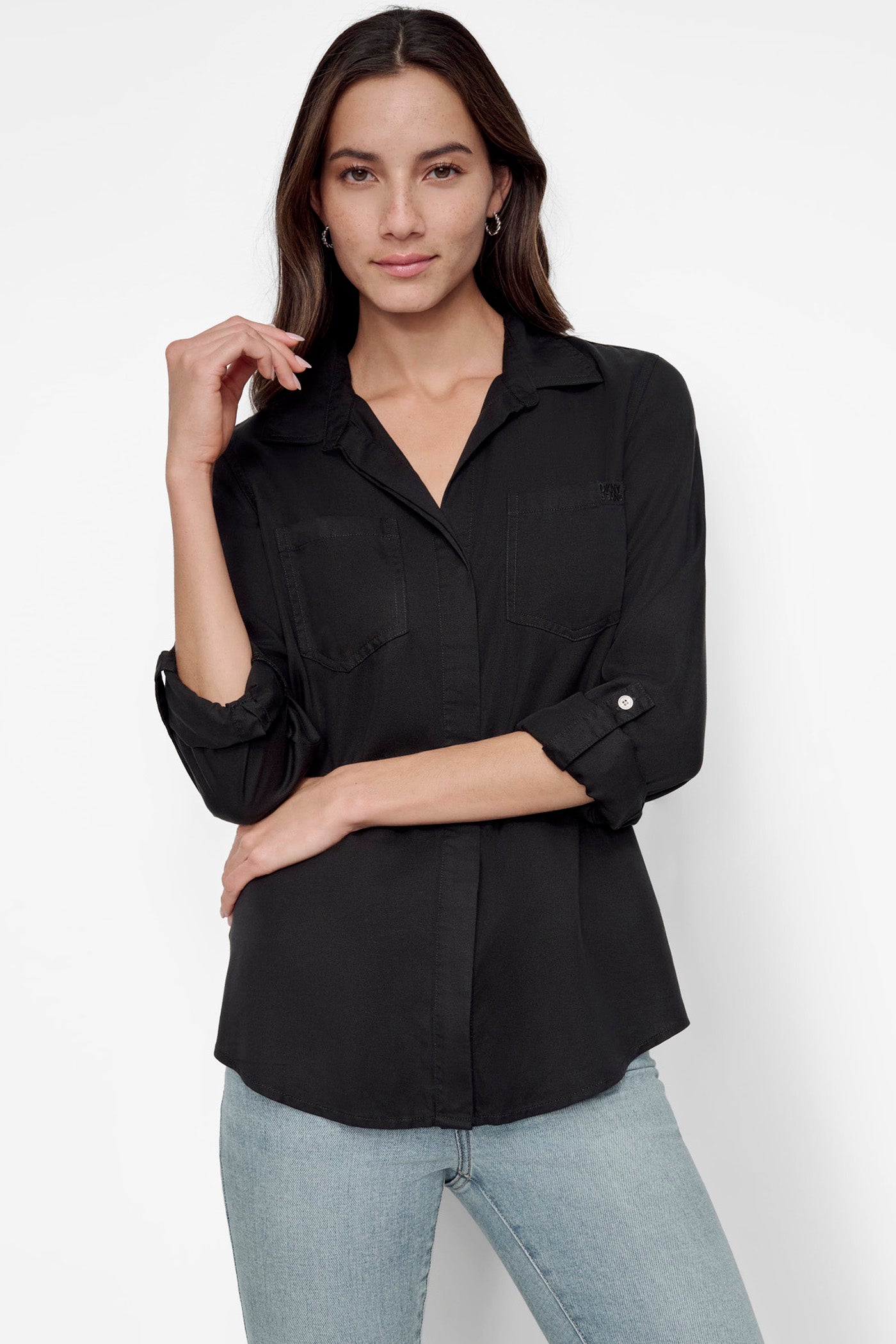 Black SPLIT BACK BUTTON FRONT WITH ROLL TAB, FRONT VIEW | All Products