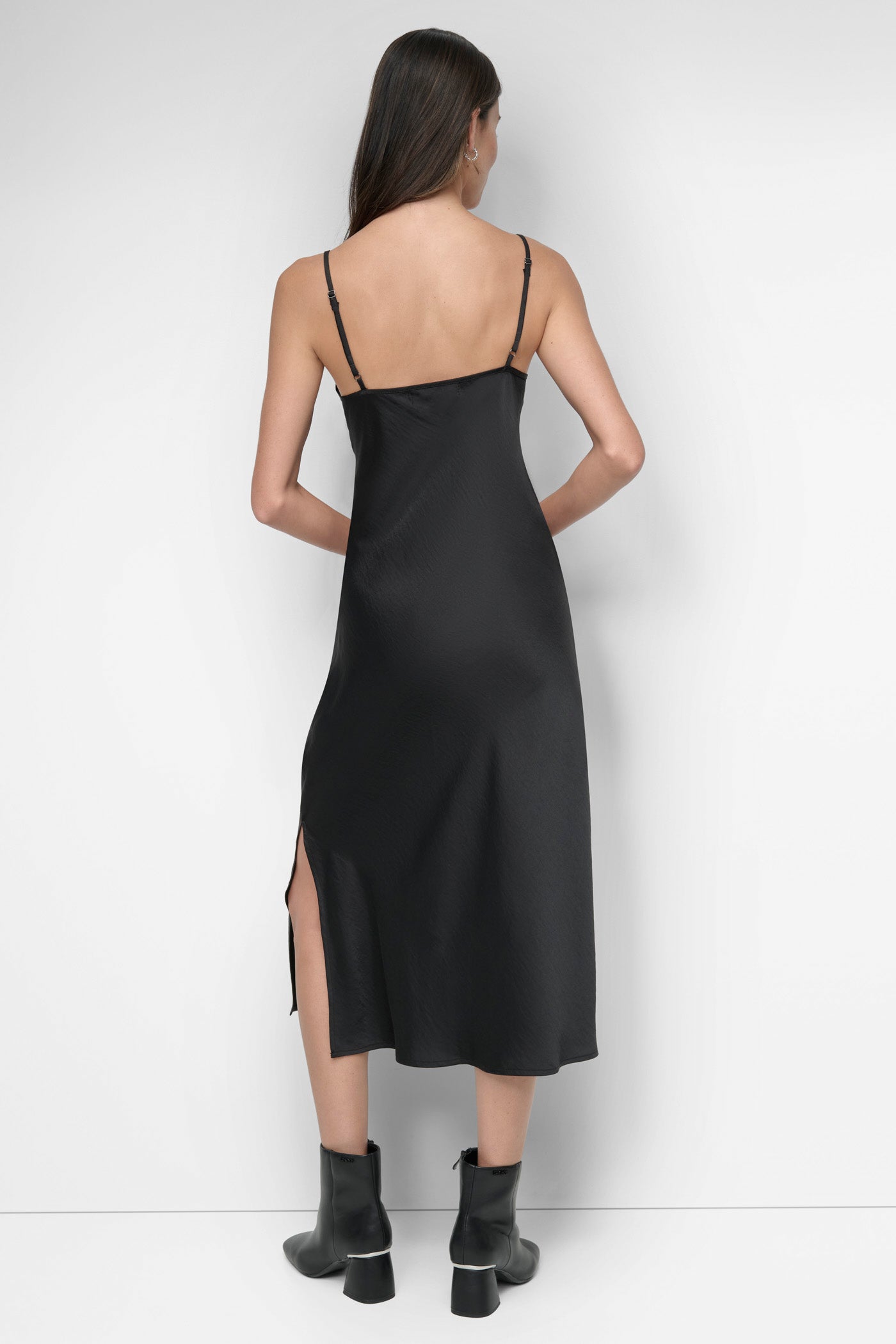 Black HIGH-SPLIT MIDI SLIP DRESS, BACK VIEW | Dresses Under $100