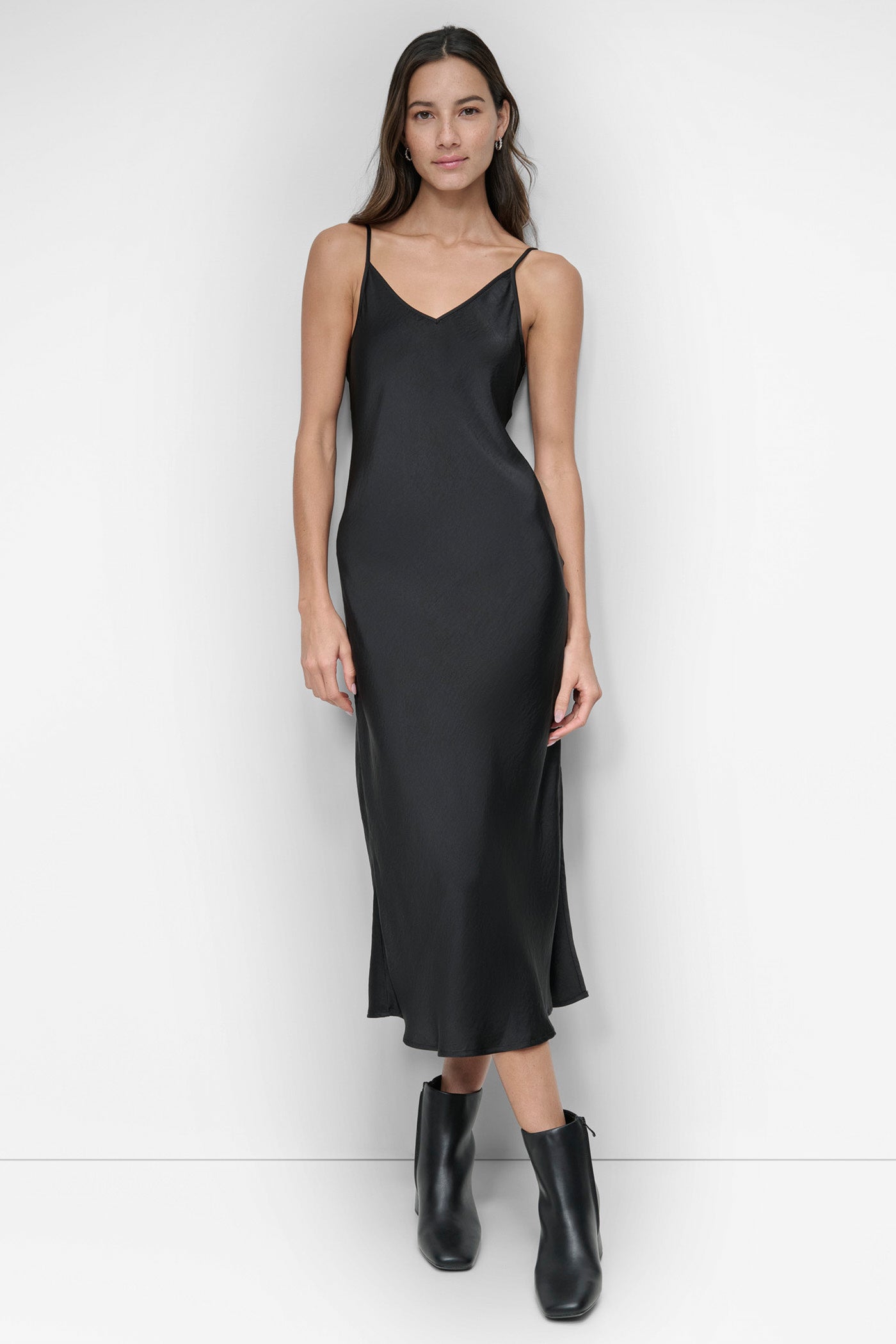 Black HIGH-SPLIT MIDI SLIP DRESS, FRONT VIEW | Dresses Under $100
