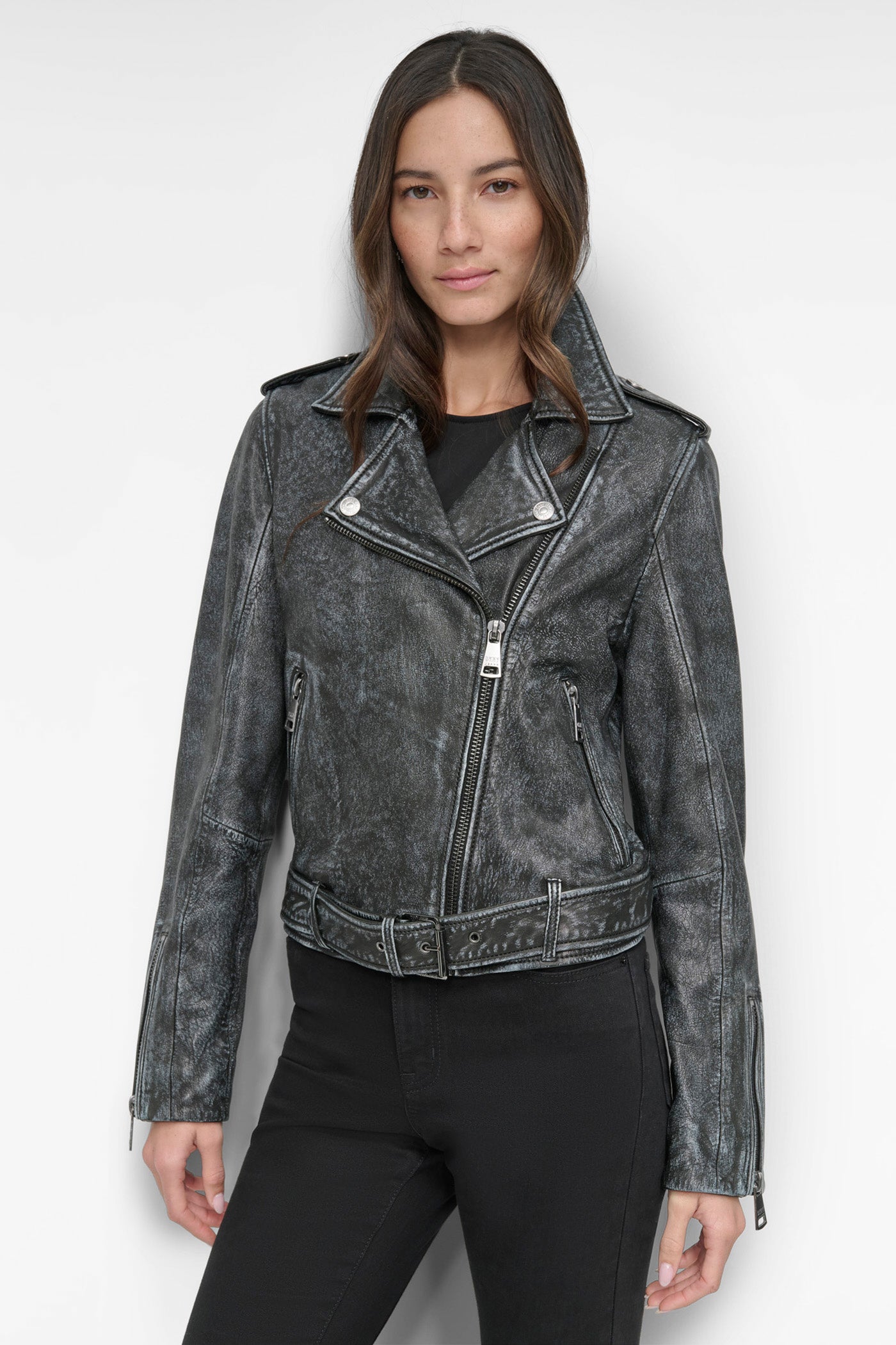 Black MOTO LEATHER JACKET, FRONT VIEW | Not Clearance or Preorder