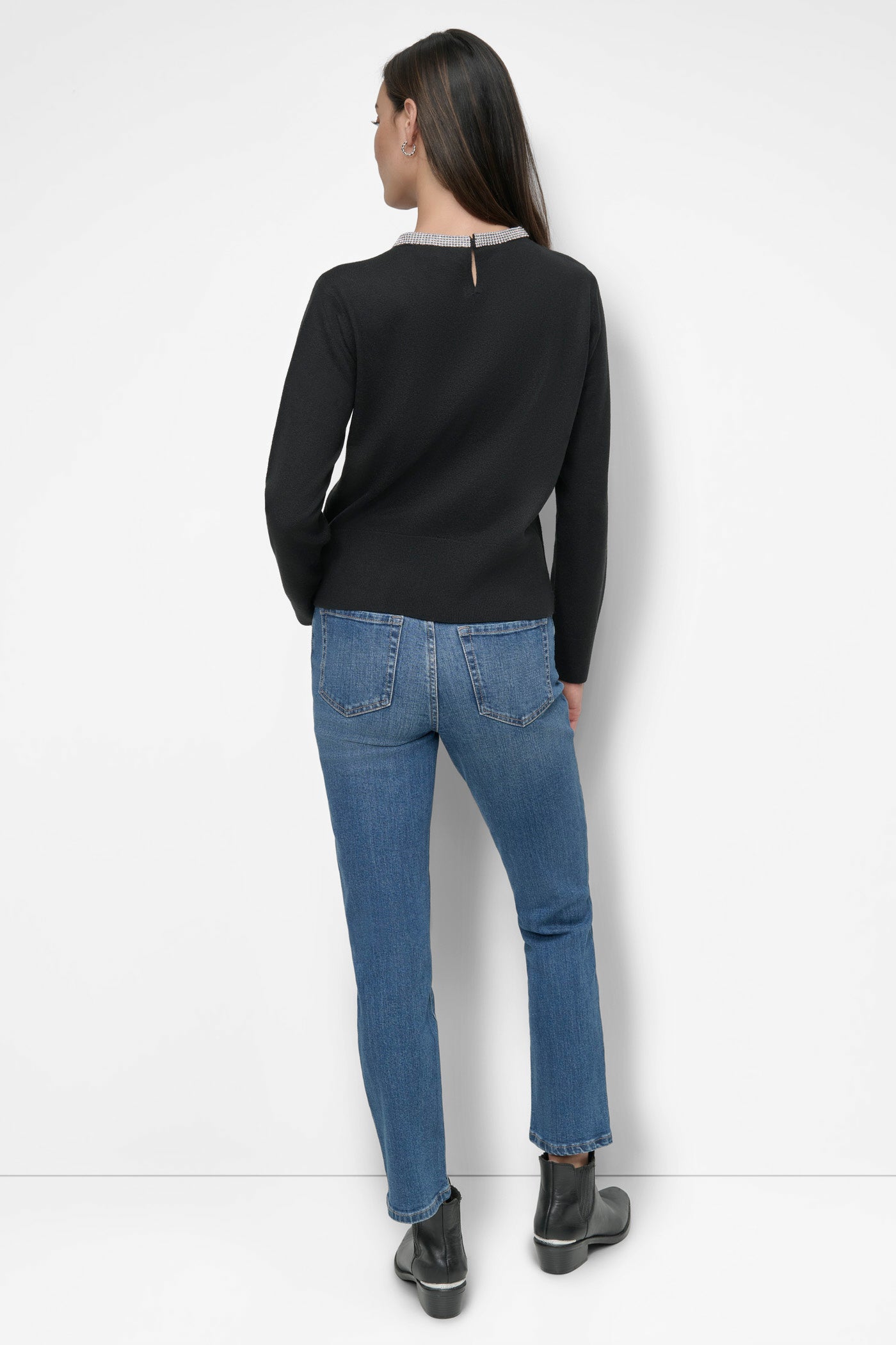 Black CREW NECK WITH RHINESTONE TRIM AT NECK, BACK VIEW | Cyber Deals