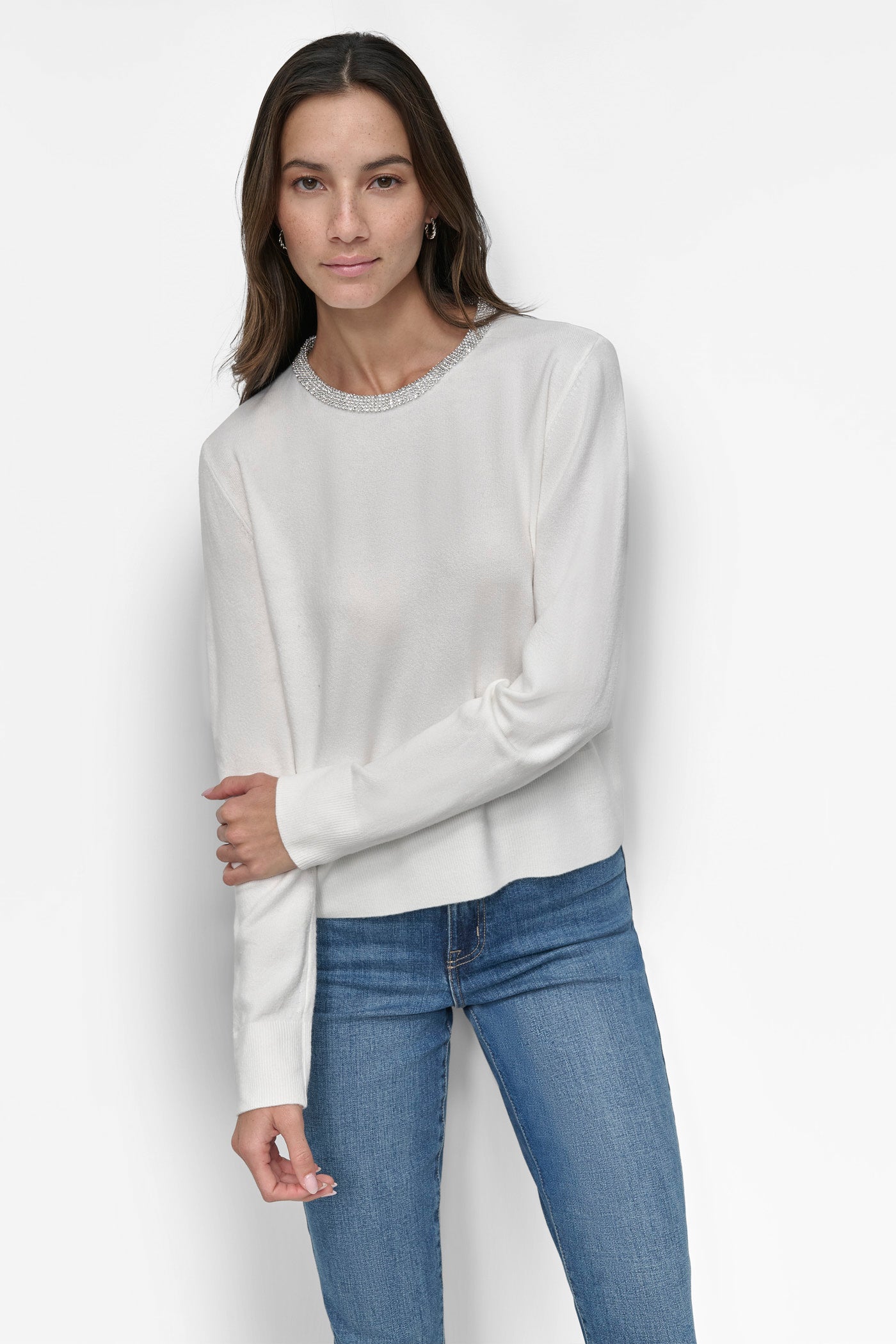 Ivory CREW NECK WITH RHINESTONE TRIM AT NECK, FRONT VIEW | New clothing