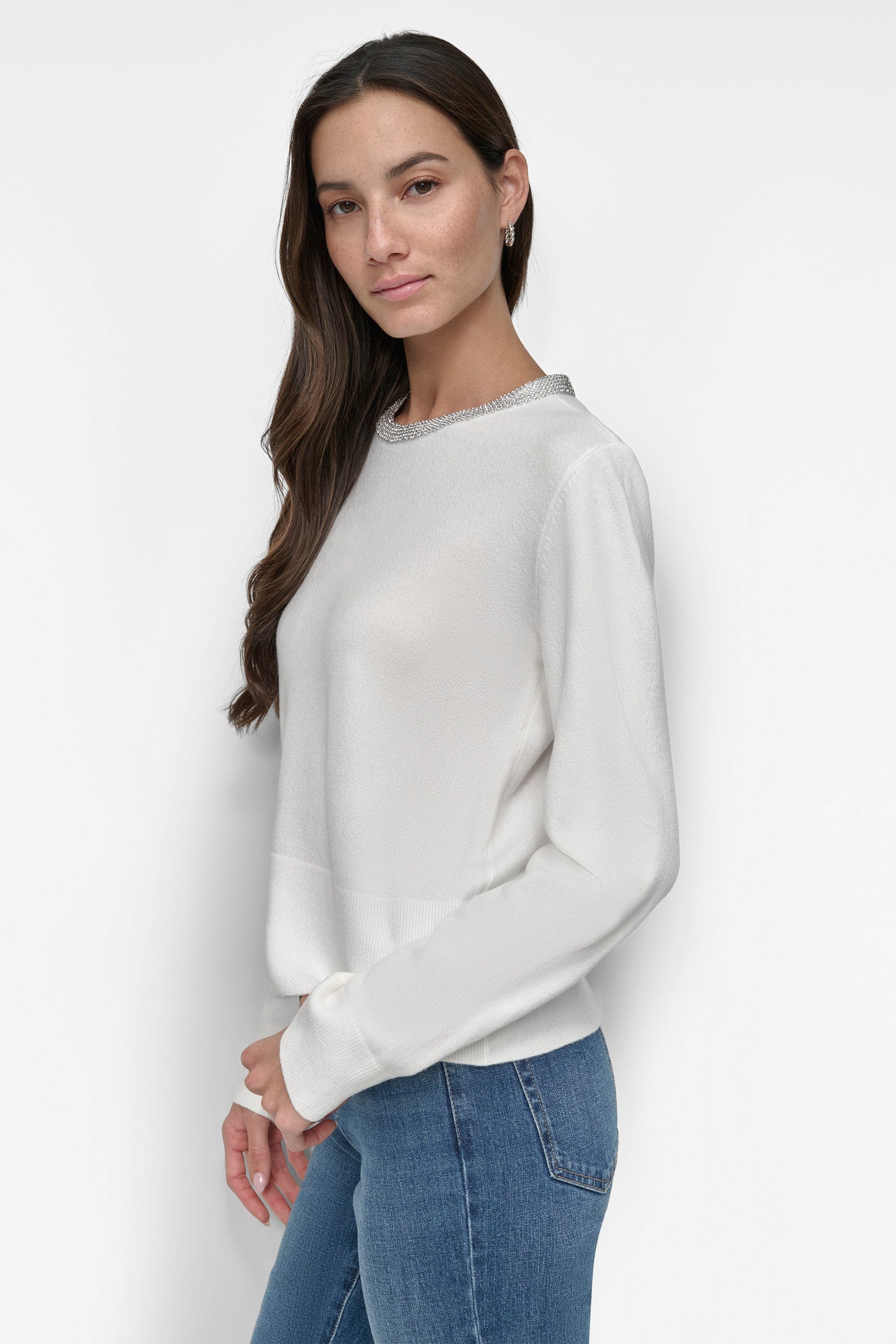 Ivory CREW NECK WITH RHINESTONE TRIM AT NECK, BACK VIEW | New clothing