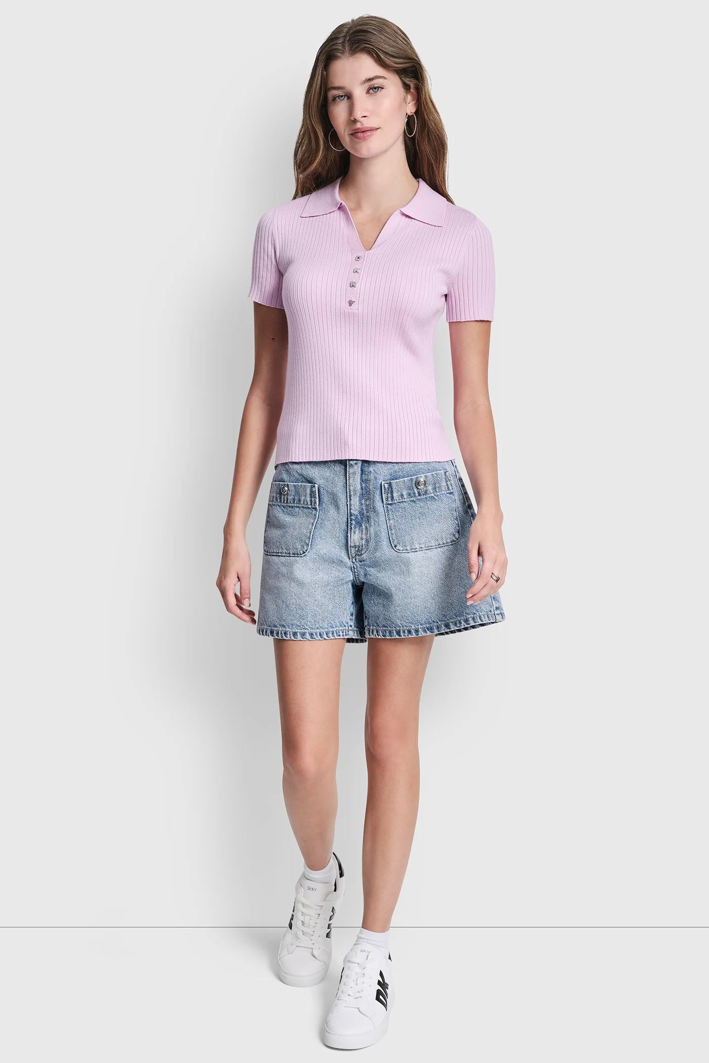 Pink/Lavender RIBBED POLO WITH RHINESTONE BUTTONS, VIEW 2 | WOMEN'S SWEATERS & TOPS