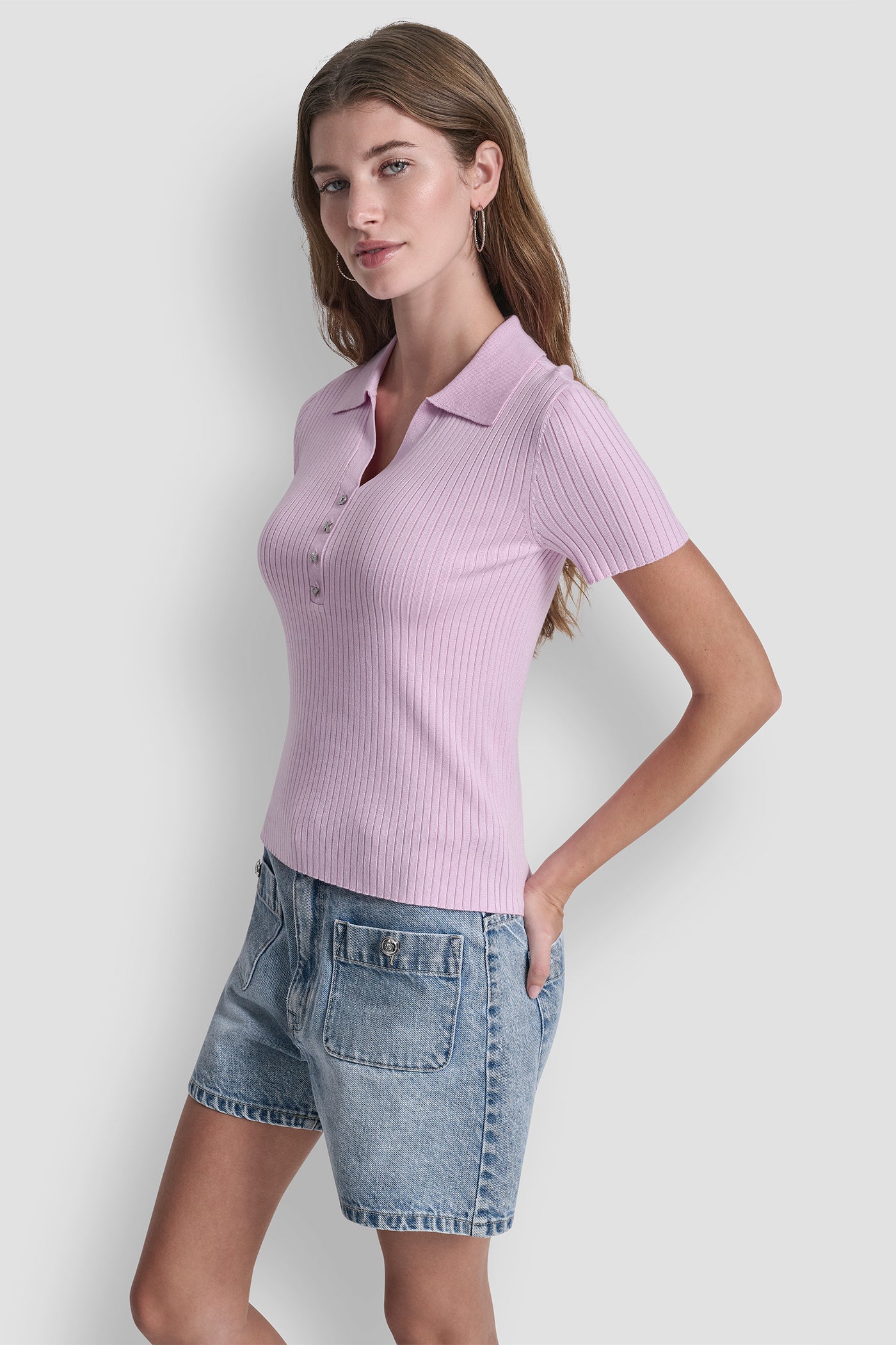 RIBBED POLO WITH RHINESTONE BUTTONS VIEW 3 | Clothing