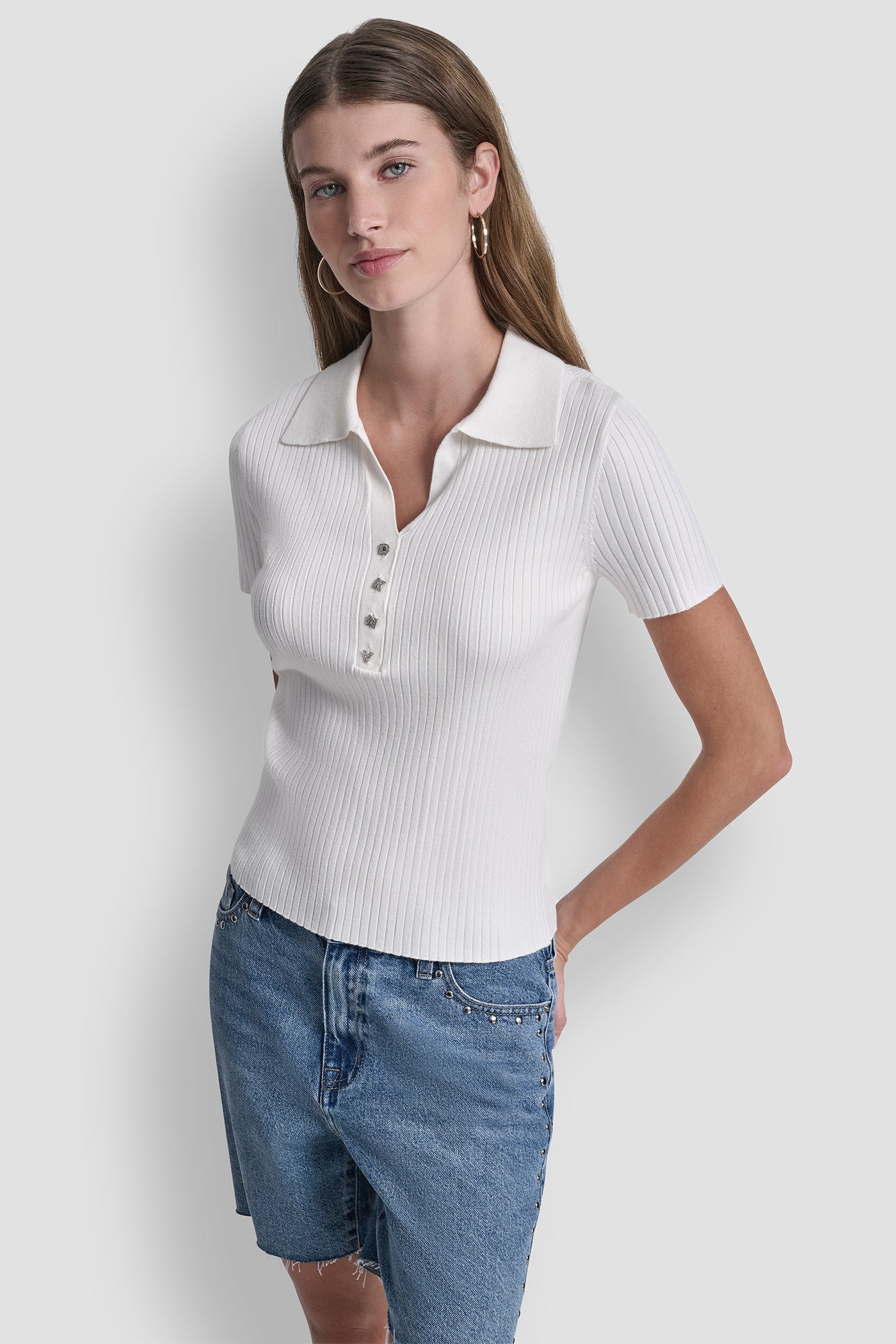 Ivory RIBBED POLO WITH RHINESTONE BUTTONS, VIEW 2 | Spring 2026 Campaign