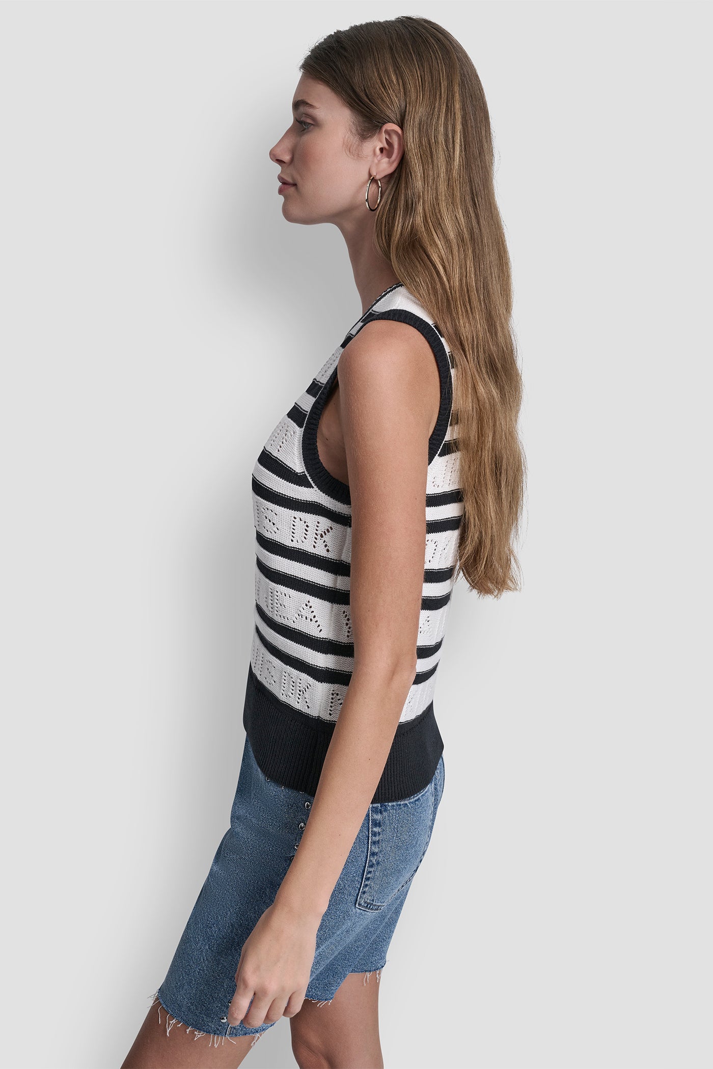 Ivory/Black LOGO POINTELLE STRIPED SWEATER, VIEW 2 | SPRING 2026