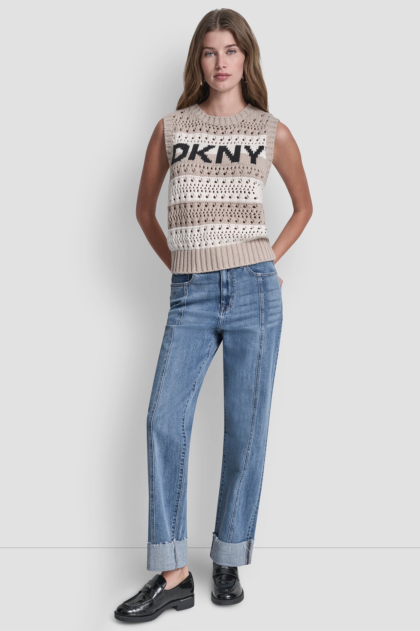 Pebble/Black/Ivory STRIPED POINTELLE STITCH SLEEVELESS SWEATER, VIEW 2 | DKNY JEANS