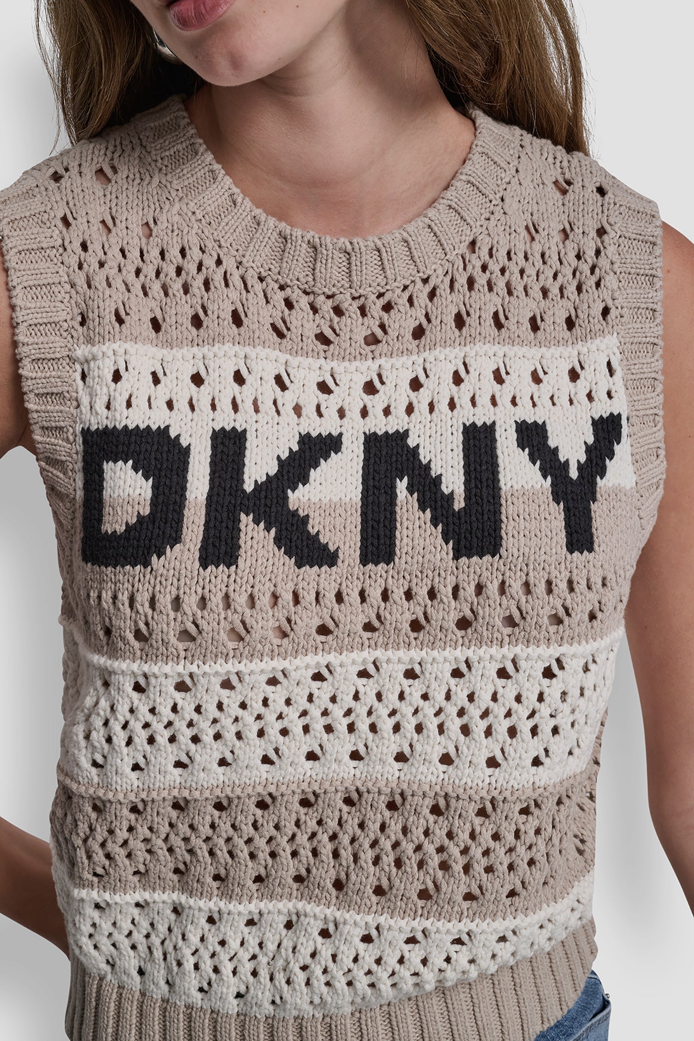 STRIPED POINTELLE STITCH SLEEVELESS SWEATER VIEW 6 | DKNY JEANS