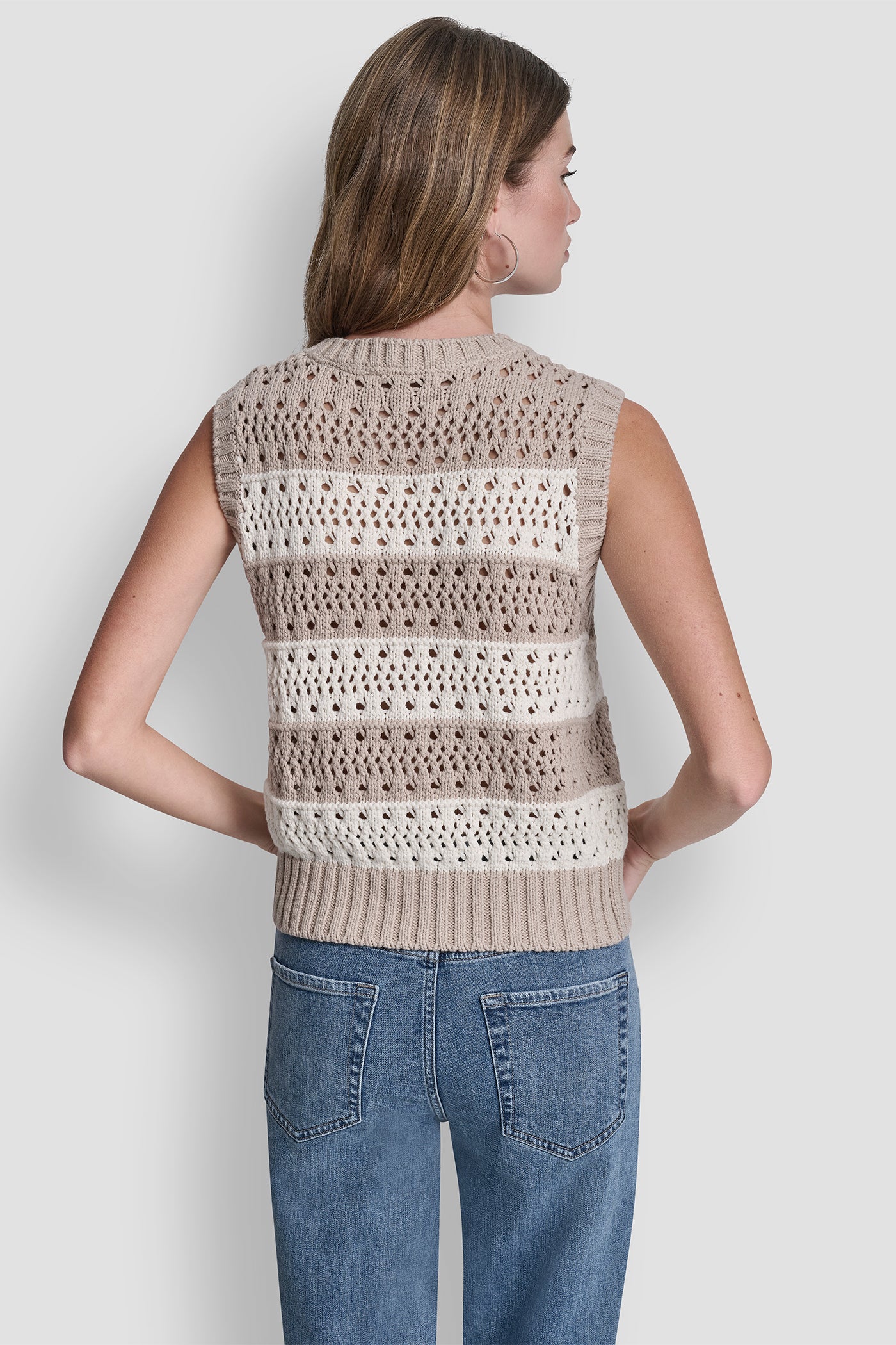 STRIPED POINTELLE STITCH SLEEVELESS SWEATER VIEW 3 | DKNY JEANS