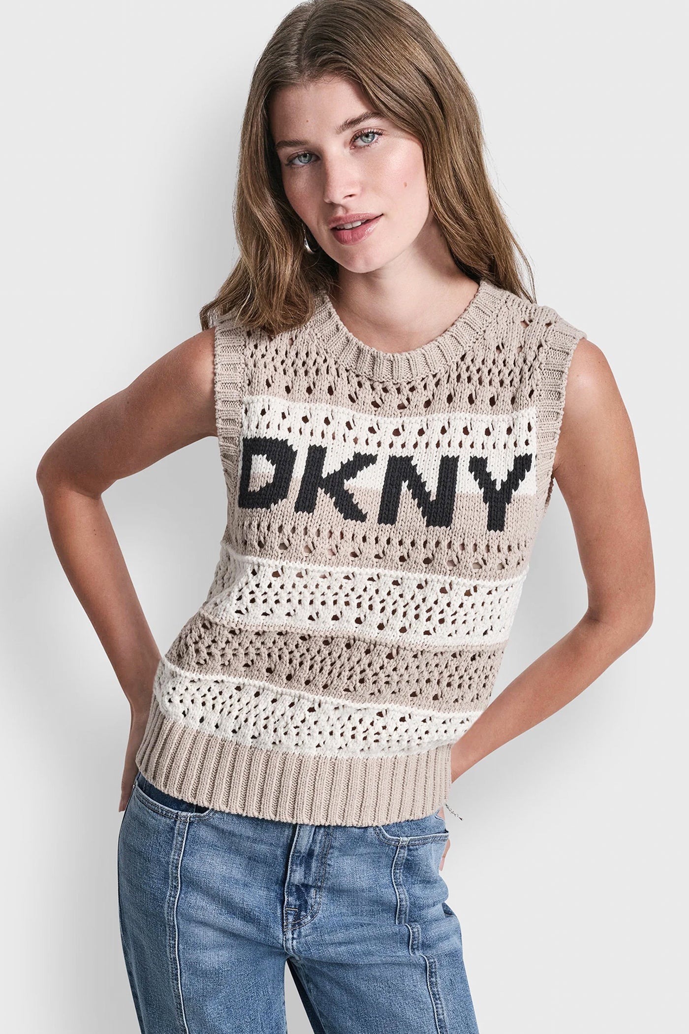 Pebble/Black/Ivory STRIPED POINTELLE STITCH SWEATER, VIEW 2 | WOMEN'S SWEATERS & TOPS