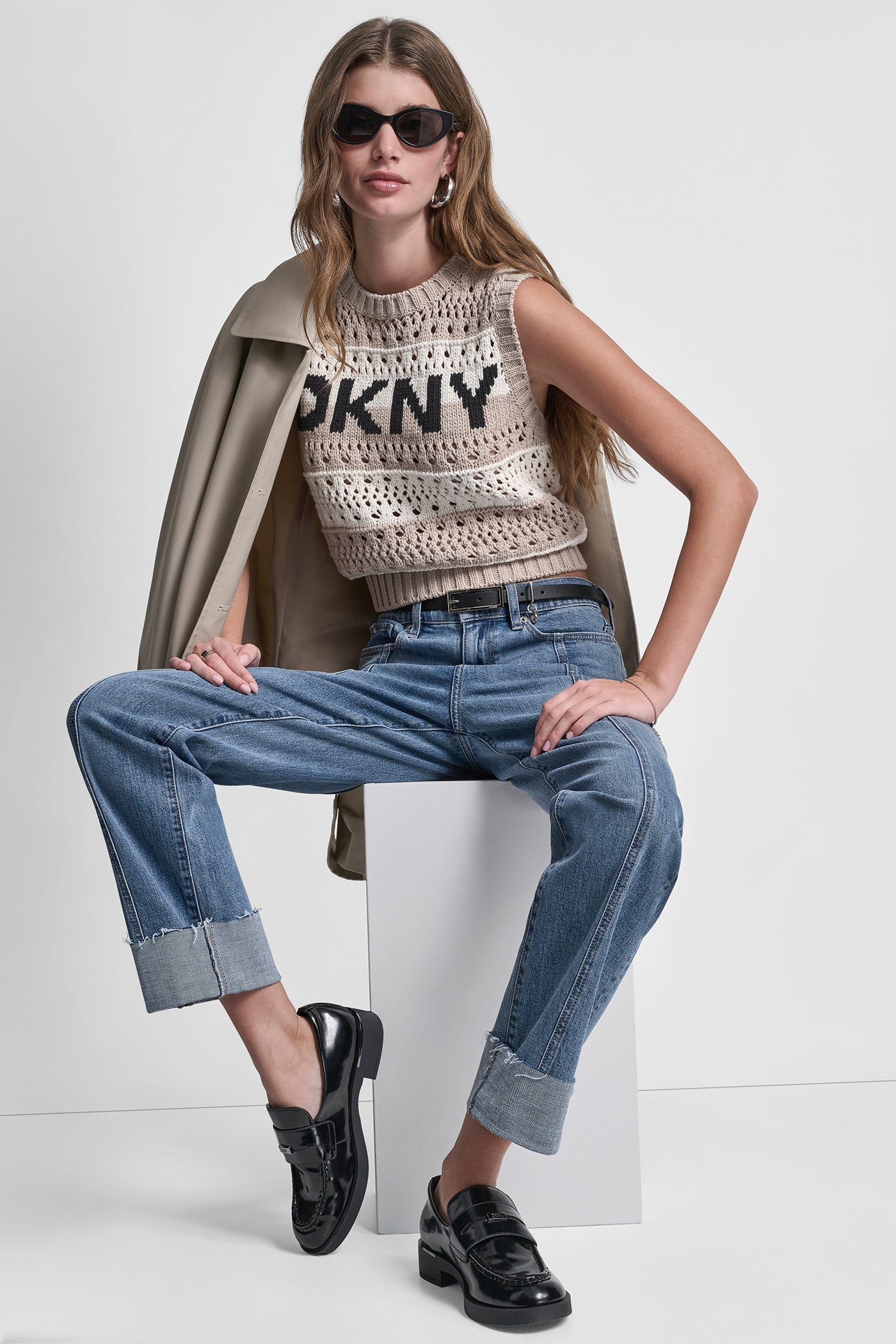 Pebble/Black/Ivory STRIPED POINTELLE STITCH SLEEVELESS SWEATER, VIEW 1 | DKNY JEANS