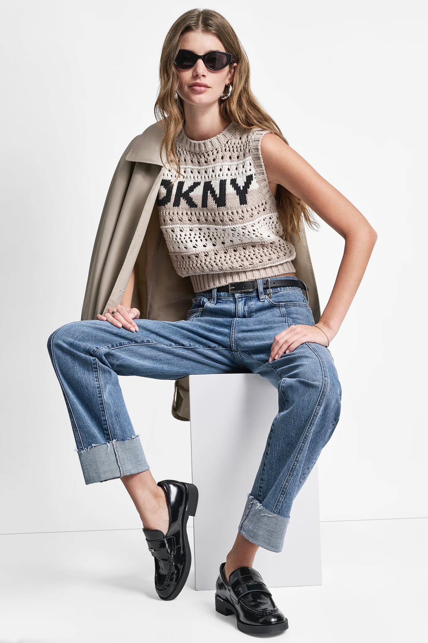 Pebble/Black/Ivory STRIPED POINTELLE STITCH SWEATER, VIEW 1 | WOMEN'S SWEATERS & TOPS