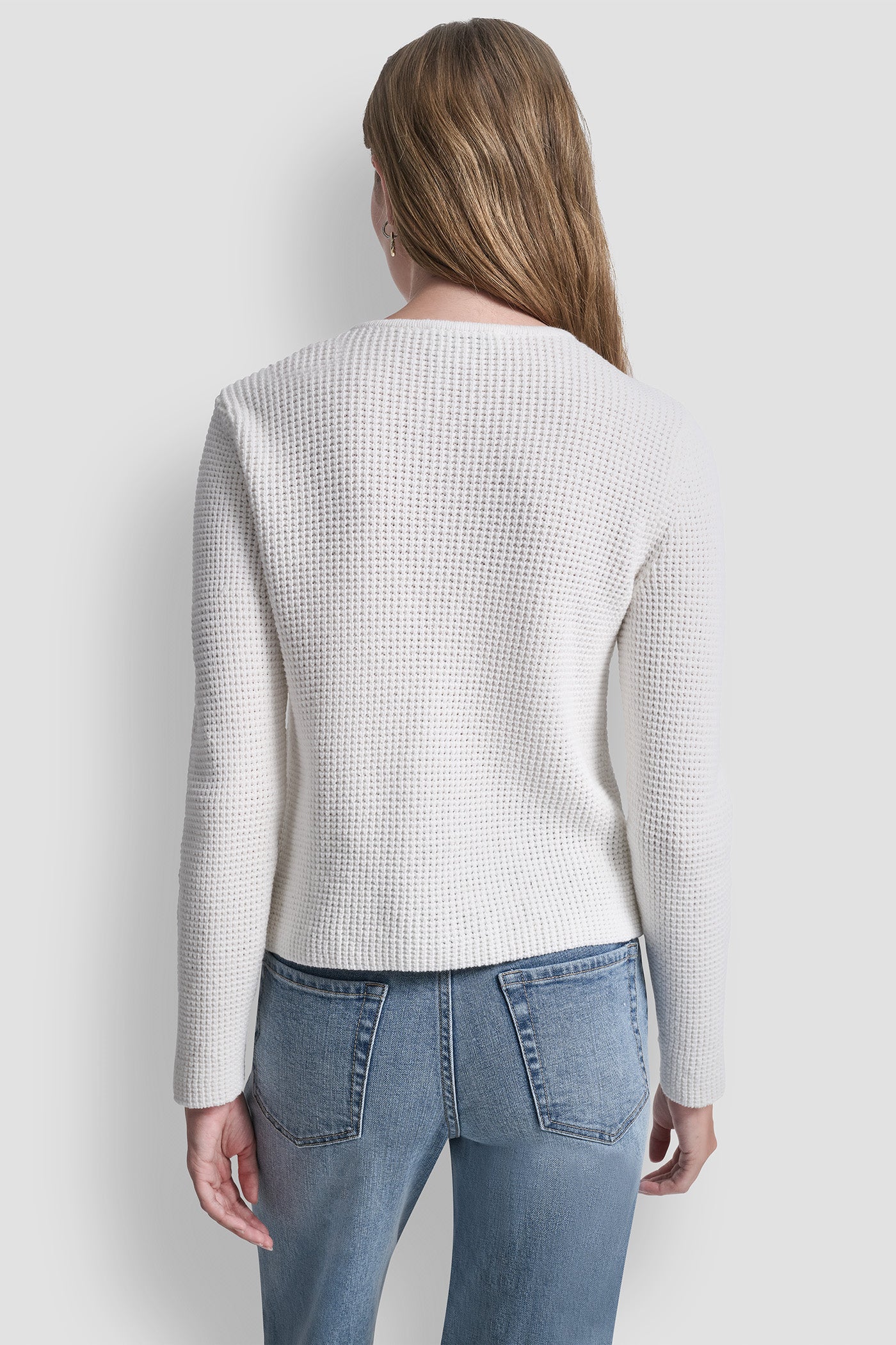 Ivory TUCK STITCH CREW NECK CARDIGAN, BACK VIEW | DKNY JEANS